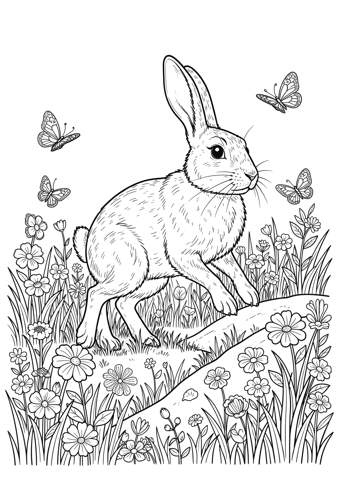 Ausmalbild Hase hüpft über eine Blumenwiese mit - Ausmalbild aus der Kategorie Tiere - kostenlos ausdrucken