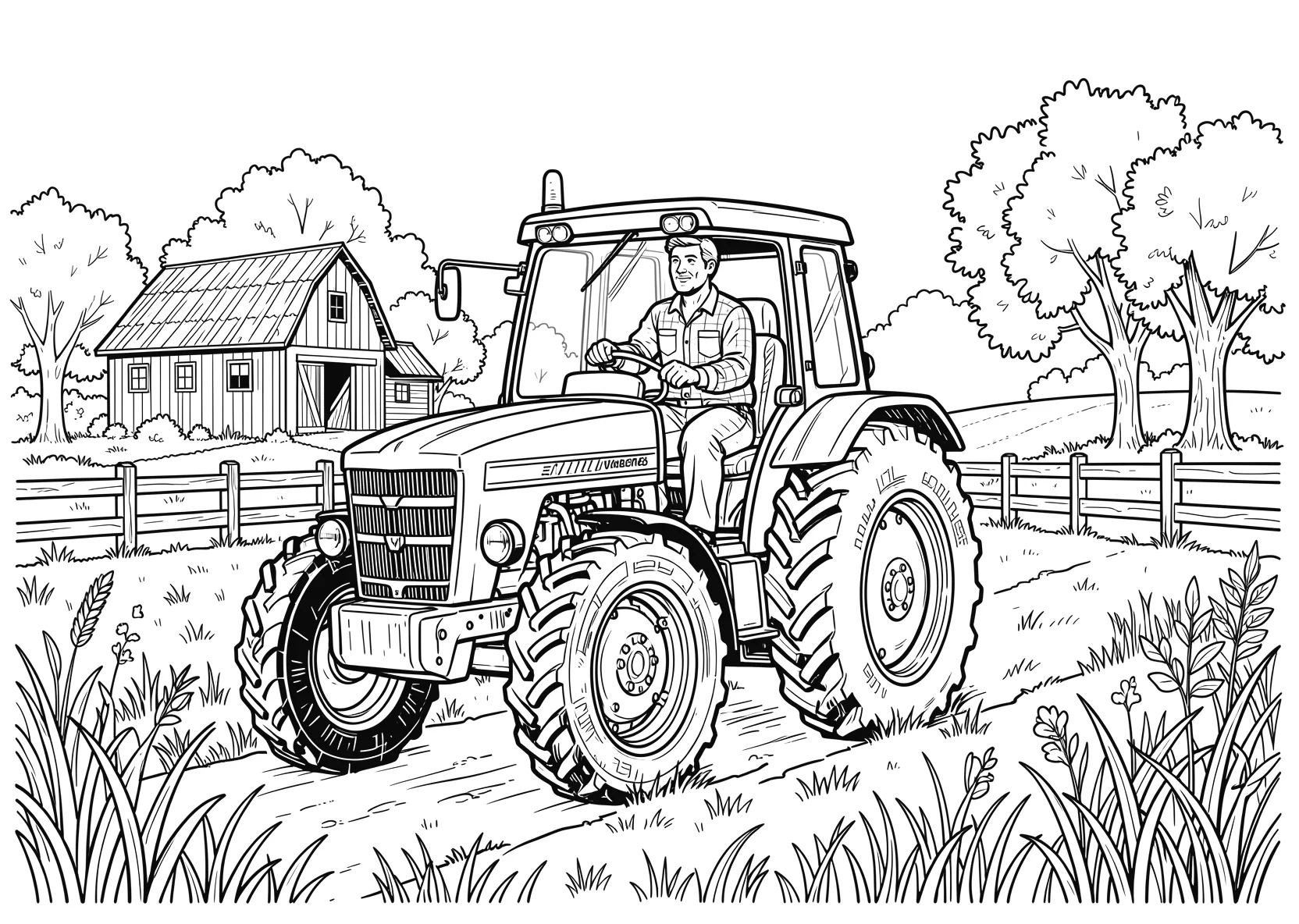 Ausmalbild Bauer fährt mit einem Traktor über ein Feld mit - Ausmalbild aus der Kategorie Fahrzeuge - kostenlos ausdrucken