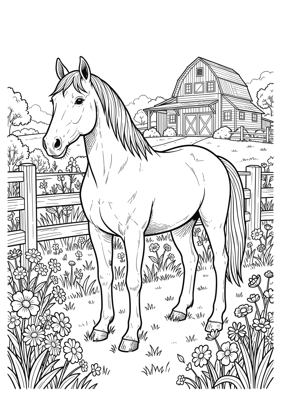 Ausmalbild Pferd steht auf einer Weide mit Zaun - Ausmalbild aus der Kategorie Tiere - kostenlos ausdrucken