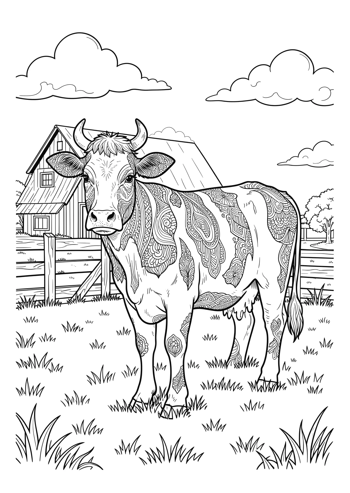Ausmalbild Kuh steht auf einer grünen Wiese mit Scheune - Ausmalbild aus der Kategorie Natur - kostenlos ausdrucken