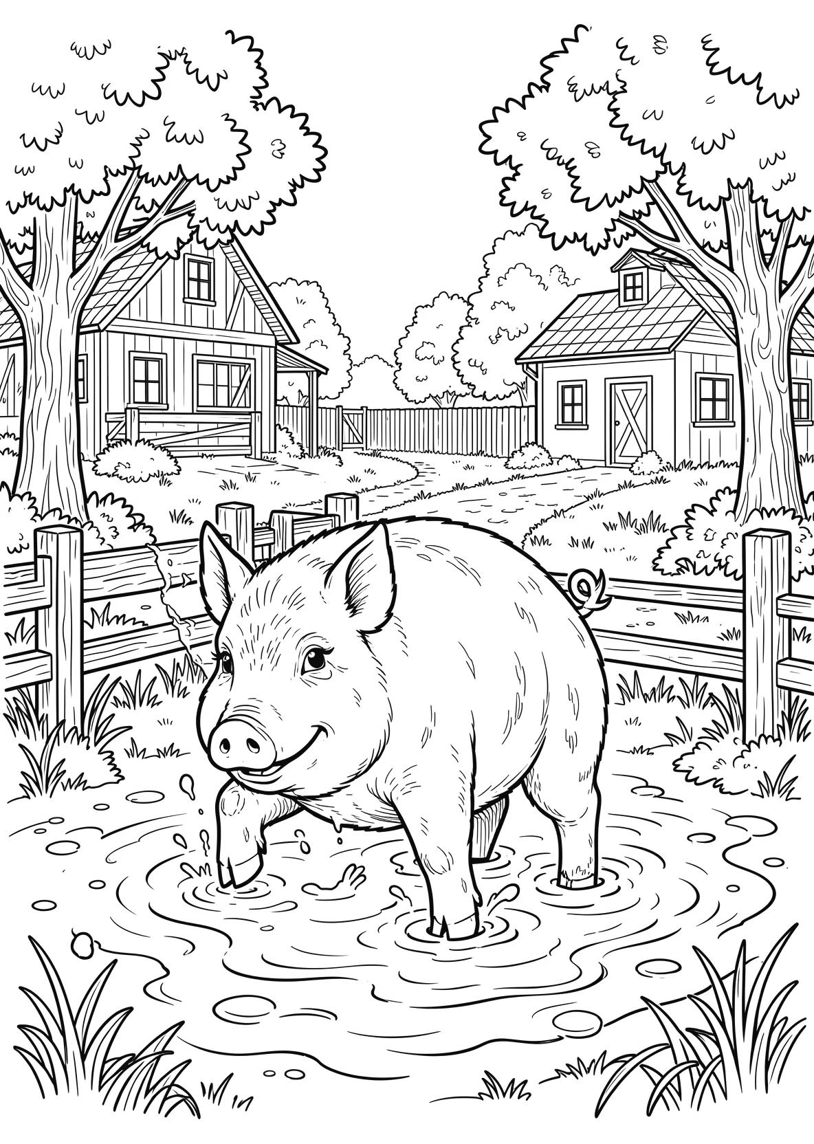 Ausmalbild Schwein spielt fröhlich im Schlamm mit Zaun - Ausmalbild aus der Kategorie Tiere - kostenlos ausdrucken