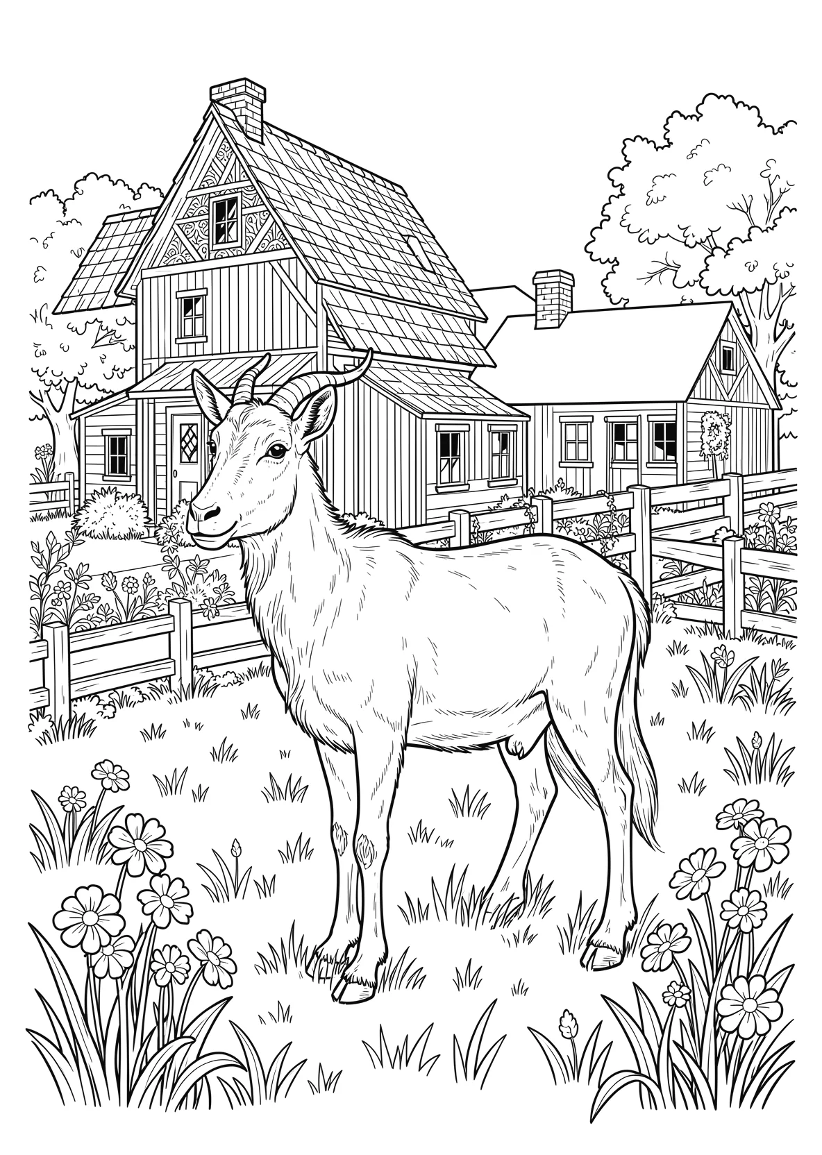 Ausmalbild Ziege steht auf einer Wiese neben einem - Ausmalbild aus der Kategorie Natur - kostenlos ausdrucken