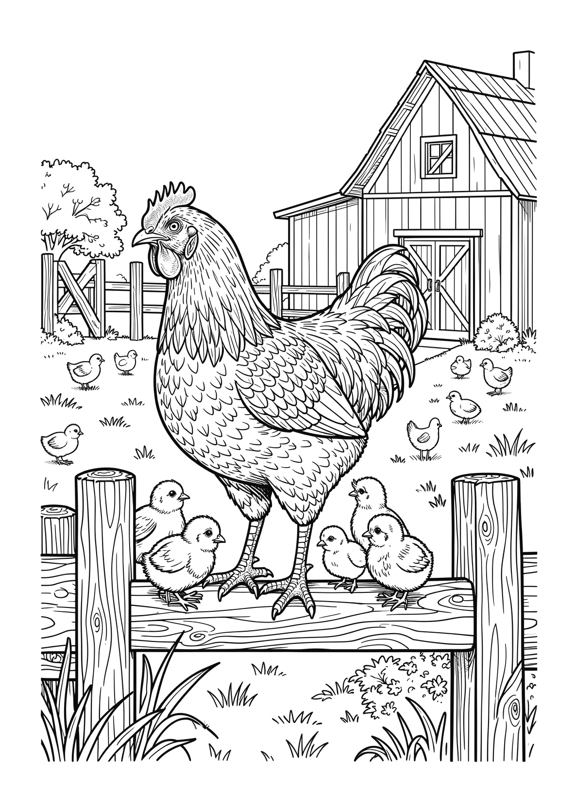 Ausmalbild Huhn sitzt auf einem Holzzaun mit Küken - Ausmalbild aus der Kategorie Tiere - kostenlos ausdrucken