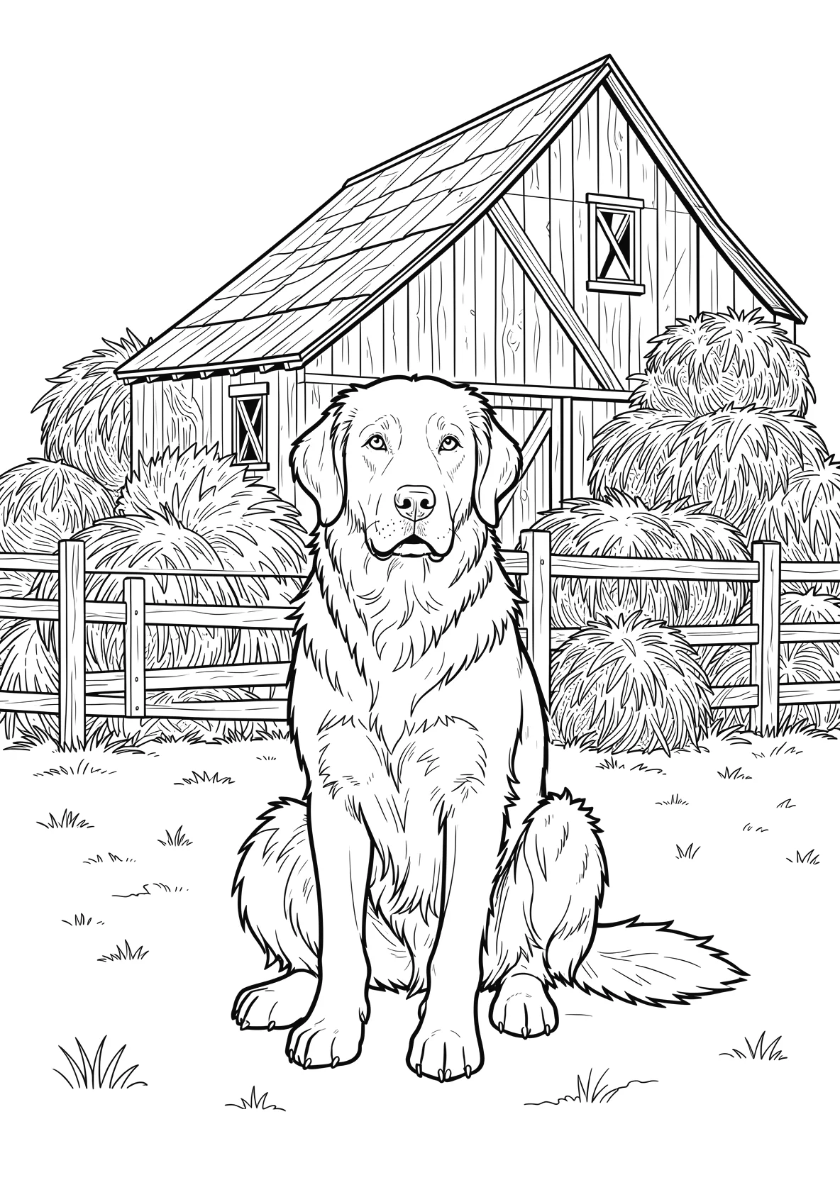 Ausmalbild Bauernhofhund sitzt vor einer Scheune mit - Ausmalbild aus der Kategorie Tiere - kostenlos ausdrucken