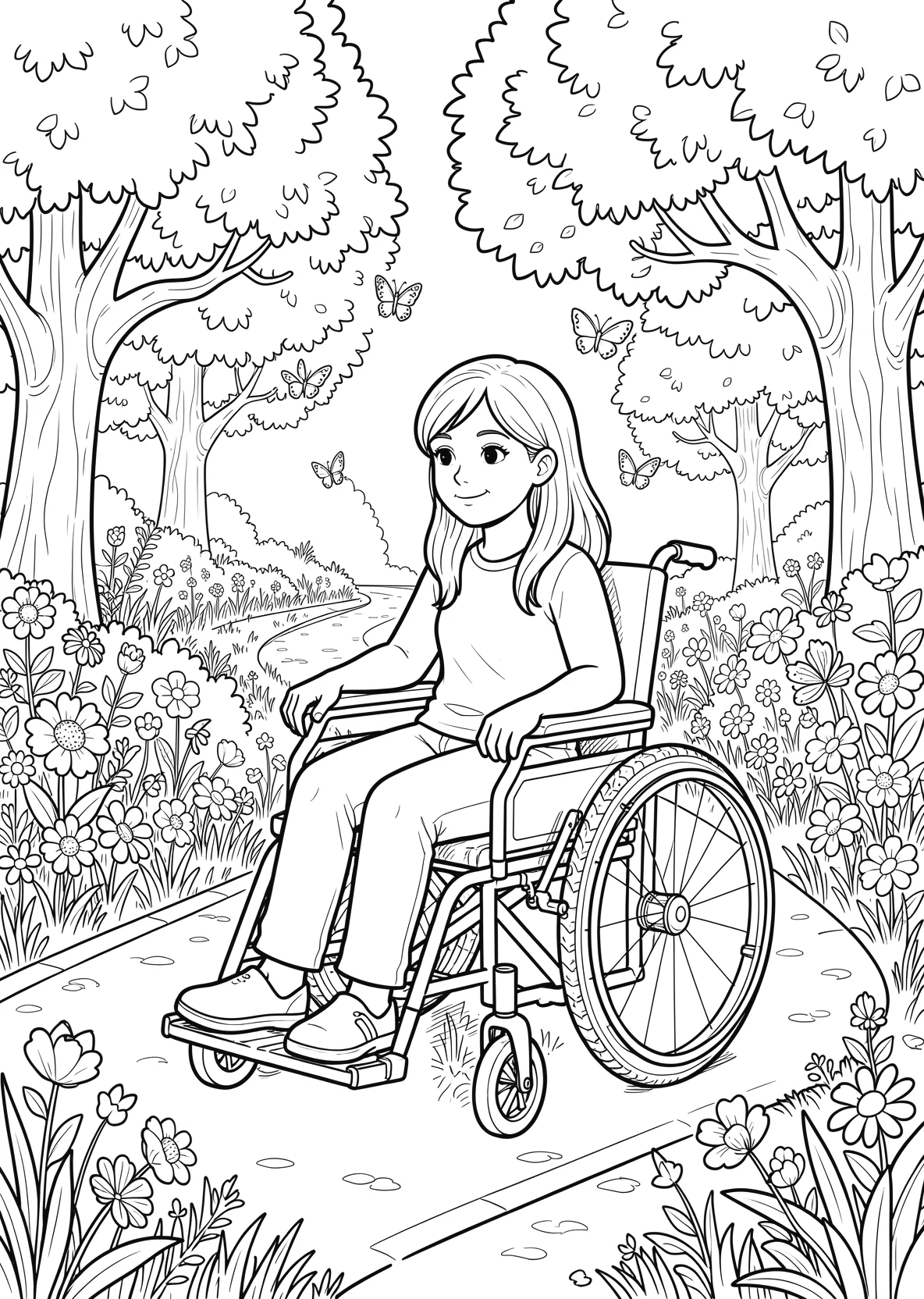 Ausmalbild Mädchen im Rollstuhl fährt über einen Weg im Park - Ausmalbild aus der Kategorie Tiere - kostenlos ausdrucken