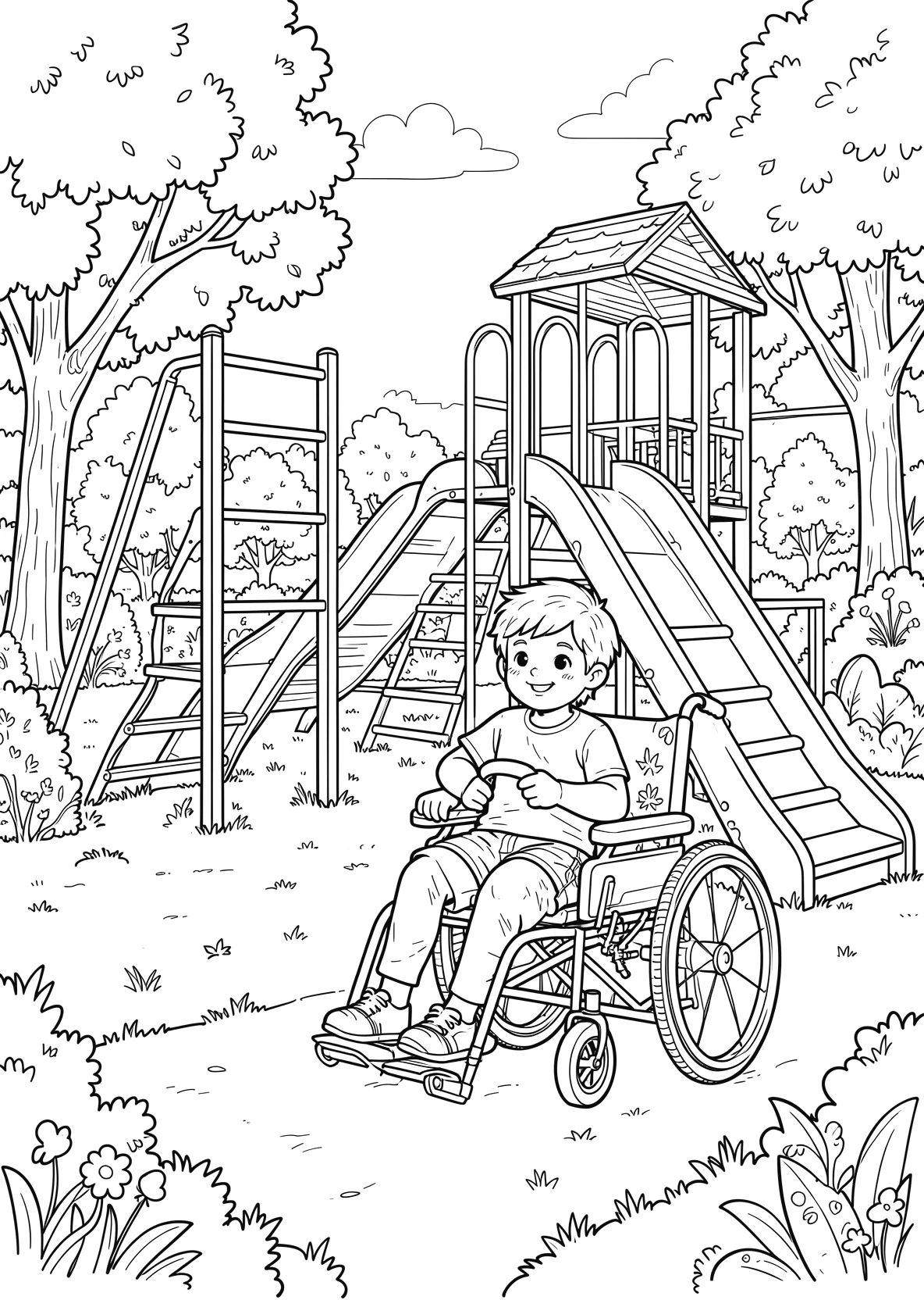 Ausmalbild Kinder spielen zusammen auf einem Spielplatz mit - Ausmalbild aus der Kategorie Berufe - kostenlos ausdrucken