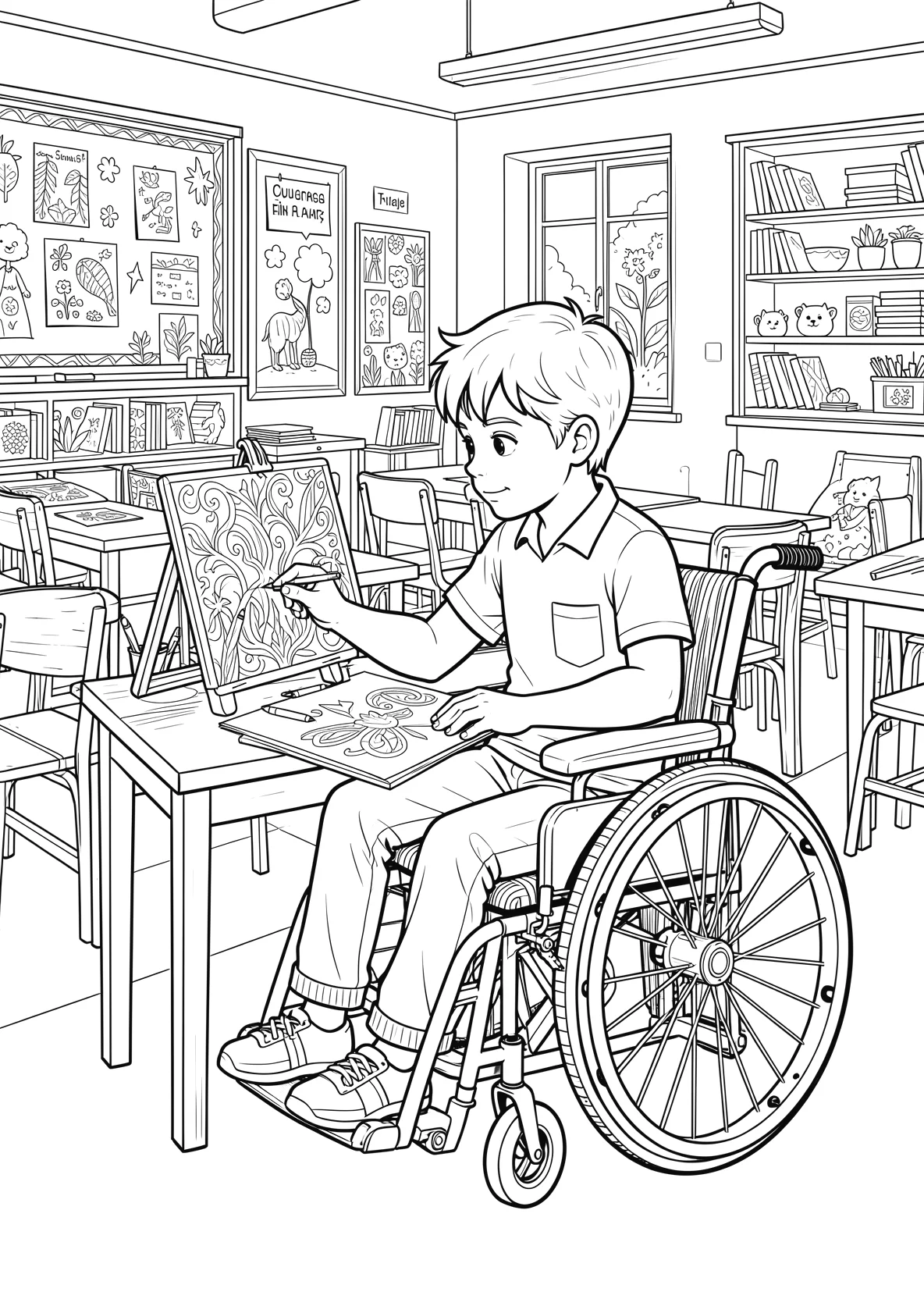 Ausmalbild Junge im Rollstuhl malt ein Bild an einem Tisch - Ausmalbild aus der Kategorie Berufe - kostenlos ausdrucken