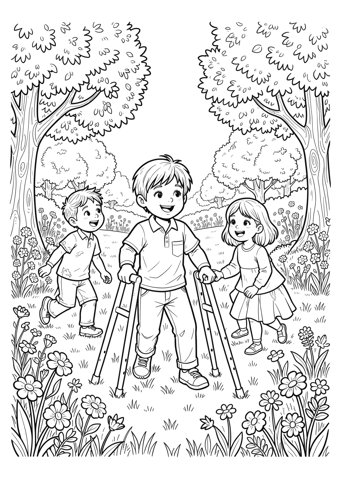 Ausmalbild Kind mit Krücken spielt mit Freunden auf einer - Ausmalbild aus der Kategorie Natur - kostenlos ausdrucken