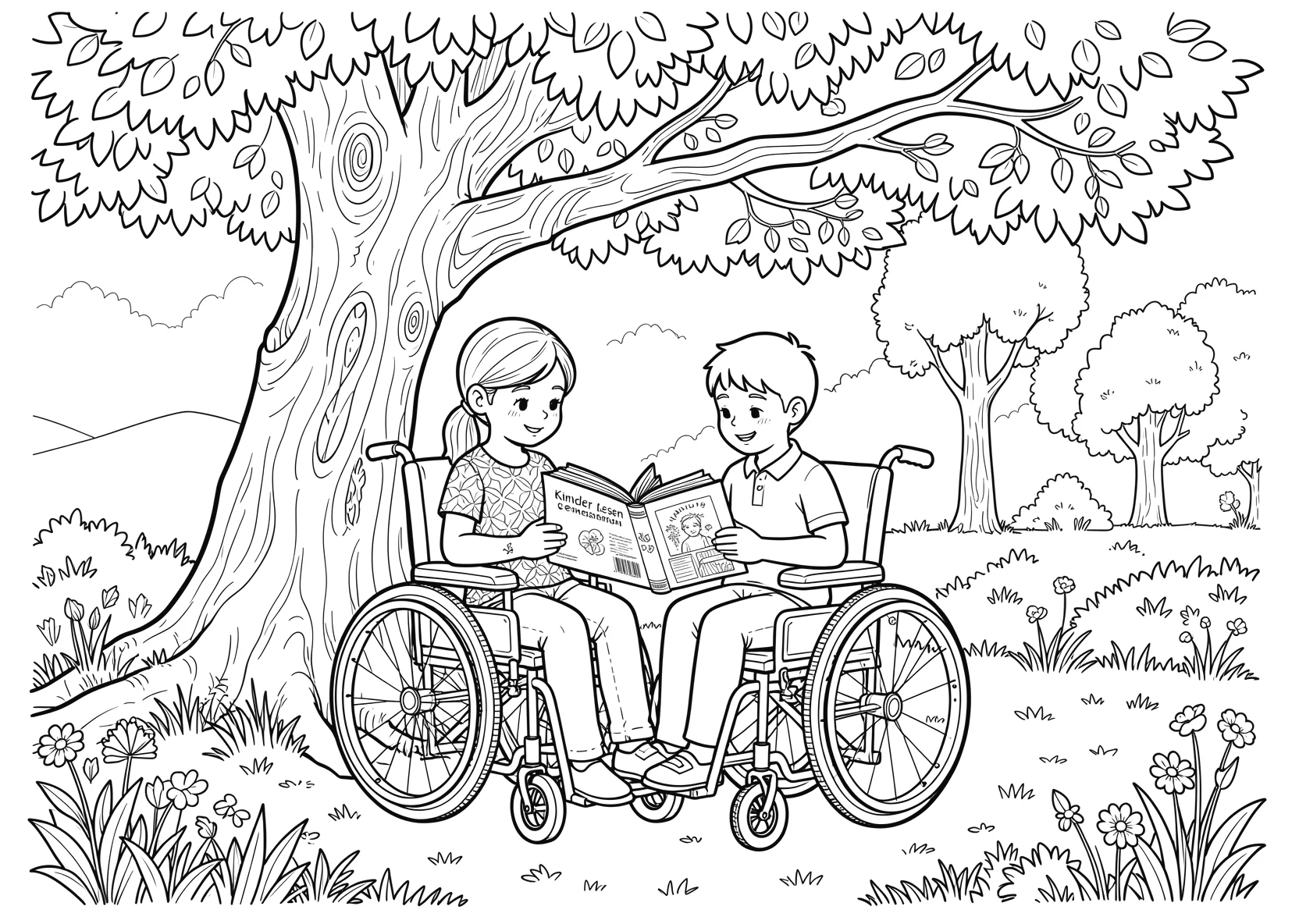 Ausmalbild Kinder lesen gemeinsam ein Buch unter einem Baum - Ausmalbild aus der Kategorie Natur - kostenlos ausdrucken