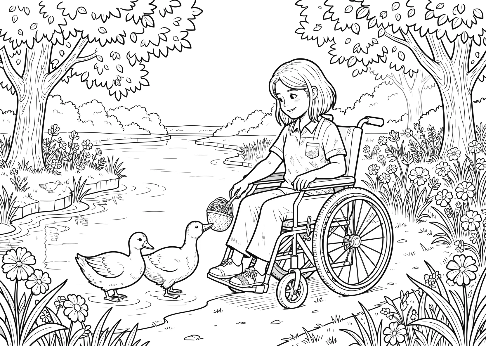 Ausmalbild Mädchen im Rollstuhl füttert Enten an einem Teich - Ausmalbild aus der Kategorie Natur - kostenlos ausdrucken