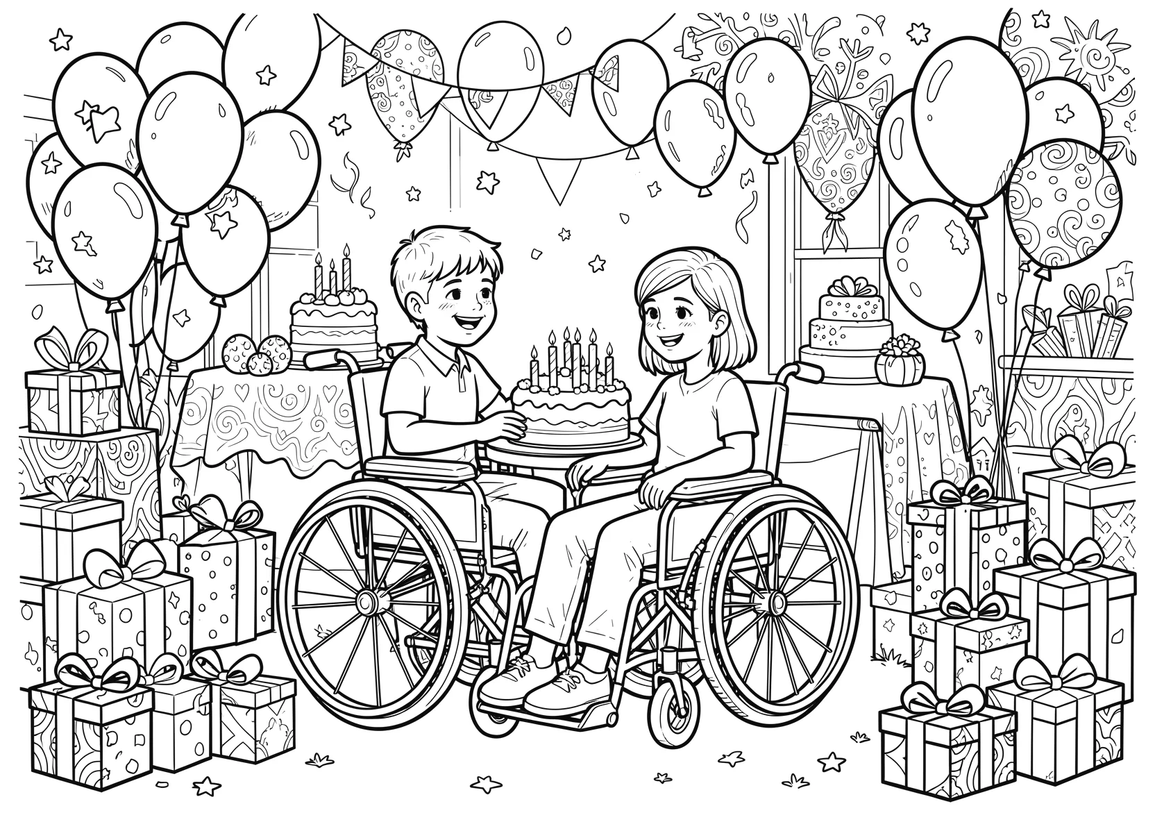 Ausmalbild Kinder feiern Geburtstag mit einem Kind im - Ausmalbild aus der Kategorie Feiertage - kostenlos ausdrucken