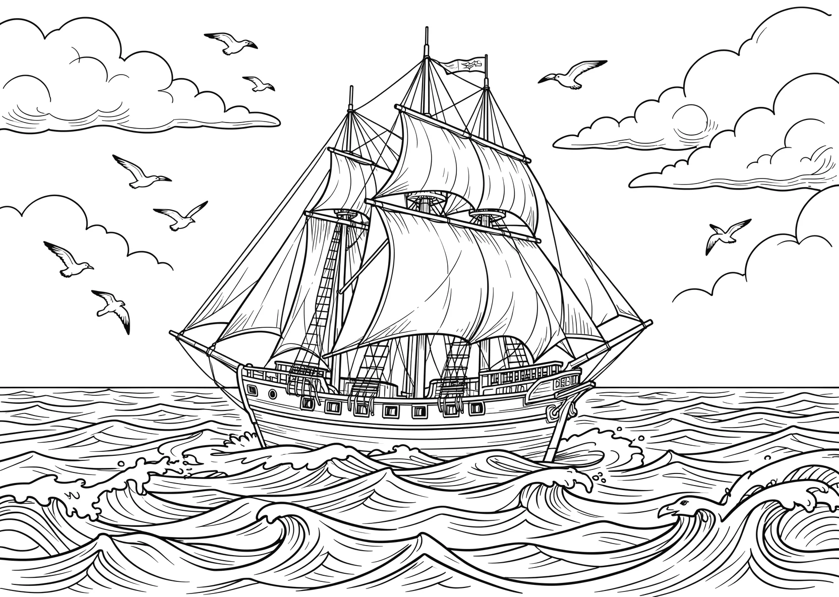 Ausmalbild Großes Segelschiff fährt über das Meer mit Wellen - Ausmalbild aus der Kategorie Fahrzeuge - kostenlos ausdrucken