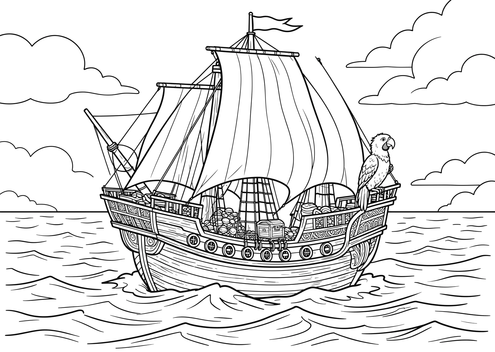 Ausmalbild Piratenschiff mit Schatzkiste - Ausmalbild aus der Kategorie Maerchen - kostenlos ausdrucken