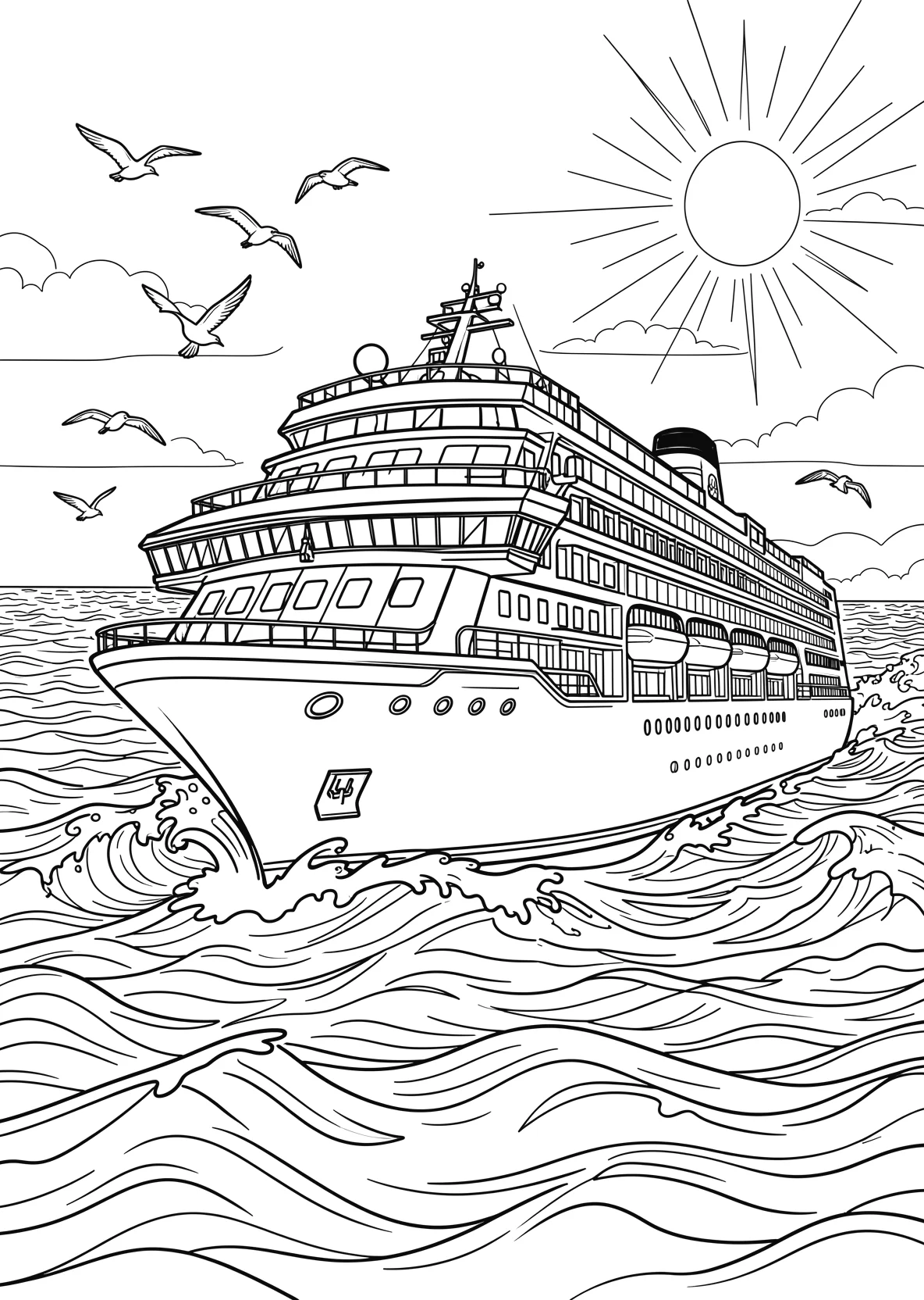 Ausmalbild Kreuzfahrtschiff fährt über den Ozean mit Möwen - Ausmalbild aus der Kategorie Fahrzeuge - kostenlos ausdrucken