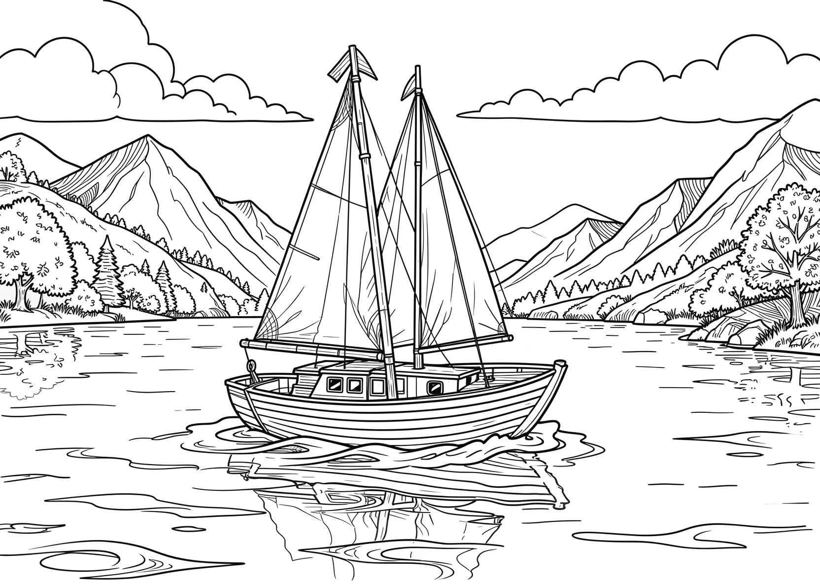 Ausmalbild Kleines Segelboot fährt über einen ruhigen See - Ausmalbild aus der Kategorie Fahrzeuge - kostenlos ausdrucken