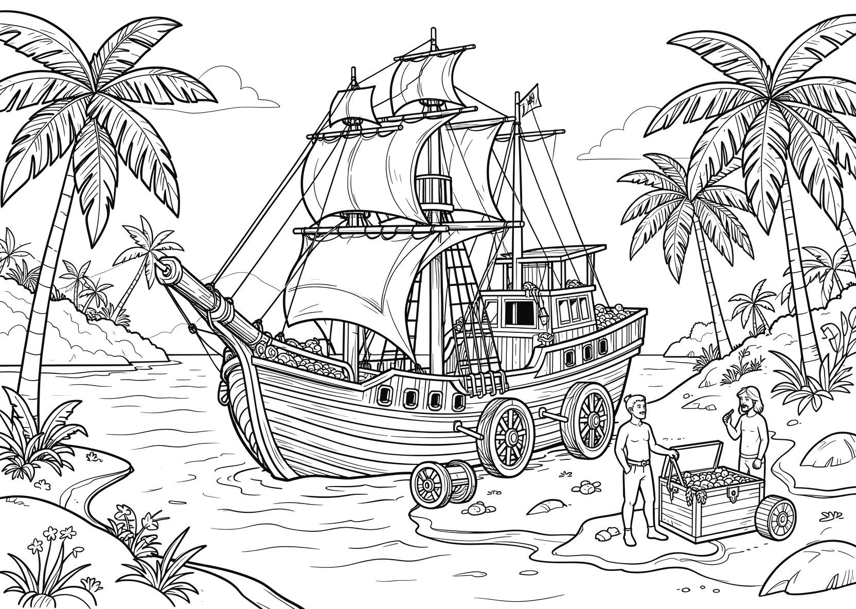 Ausmalbild Piratenschiff ankert vor einer kleinen Insel mit - Ausmalbild aus der Kategorie Maerchen - kostenlos ausdrucken
