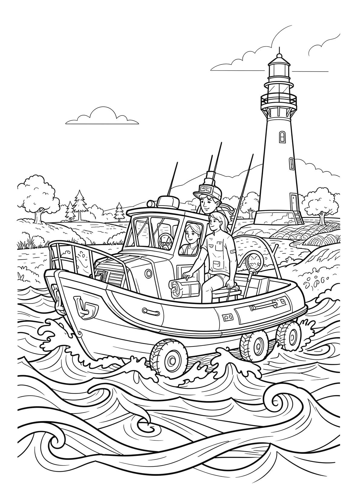 Ausmalbild Rettungsboot fährt über Wellen mit Leuchtturm im - Ausmalbild aus der Kategorie Fahrzeuge - kostenlos ausdrucken