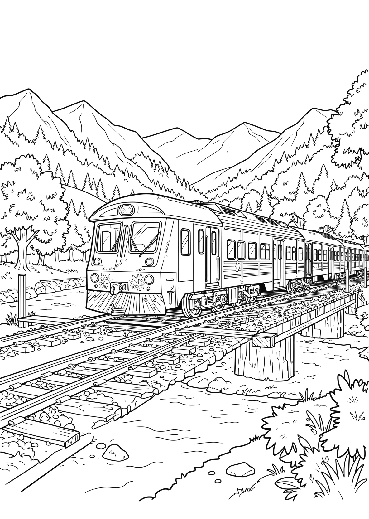 Ausmalbild Großer Zug fährt über eine Eisenbahnbrücke mit - Ausmalbild aus der Kategorie Fahrzeuge - kostenlos ausdrucken