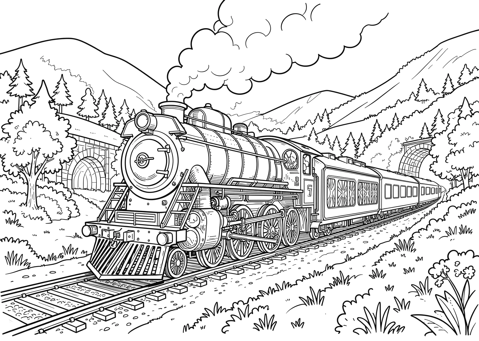 Ausmalbild Dampflokzug fährt durch eine Landschaft mit Tunnel - Ausmalbild aus der Kategorie Fahrzeuge - kostenlos ausdrucken