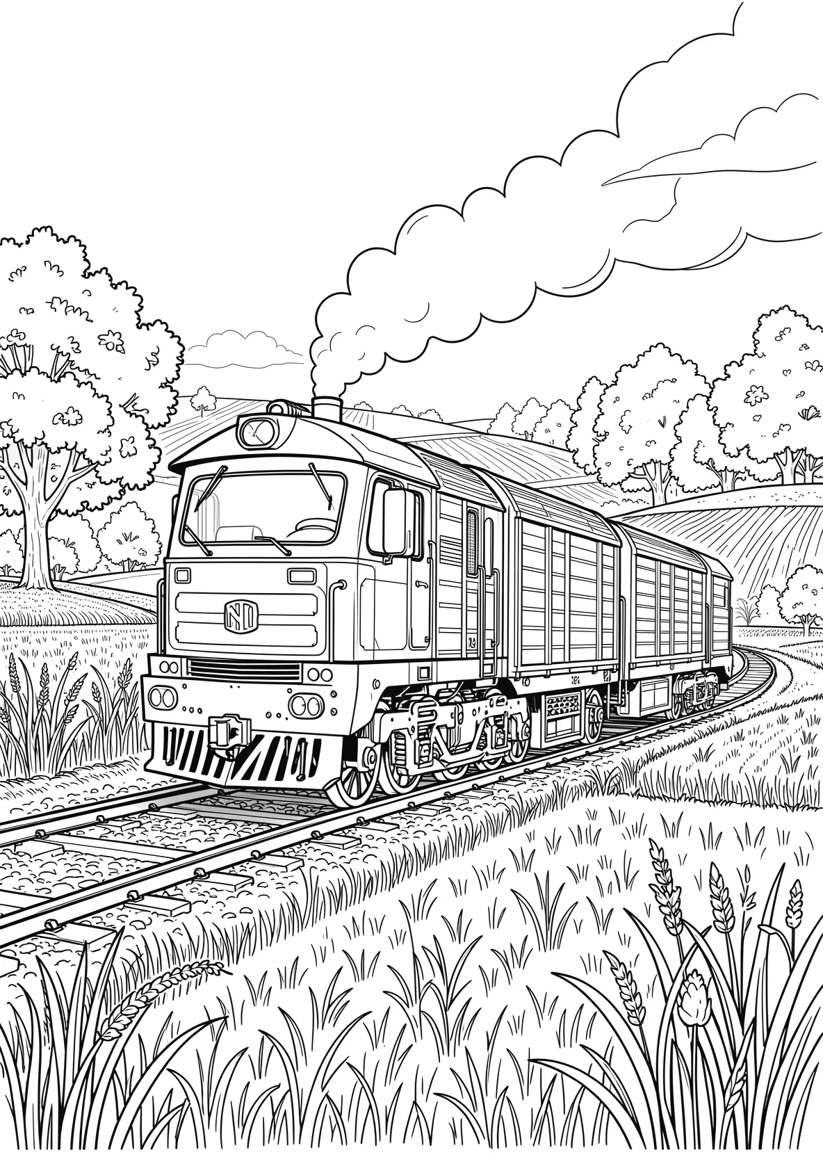 Ausmalbild Güterzug fährt durch eine Landschaft mit Feldern - Ausmalbild aus der Kategorie Fahrzeuge - kostenlos ausdrucken