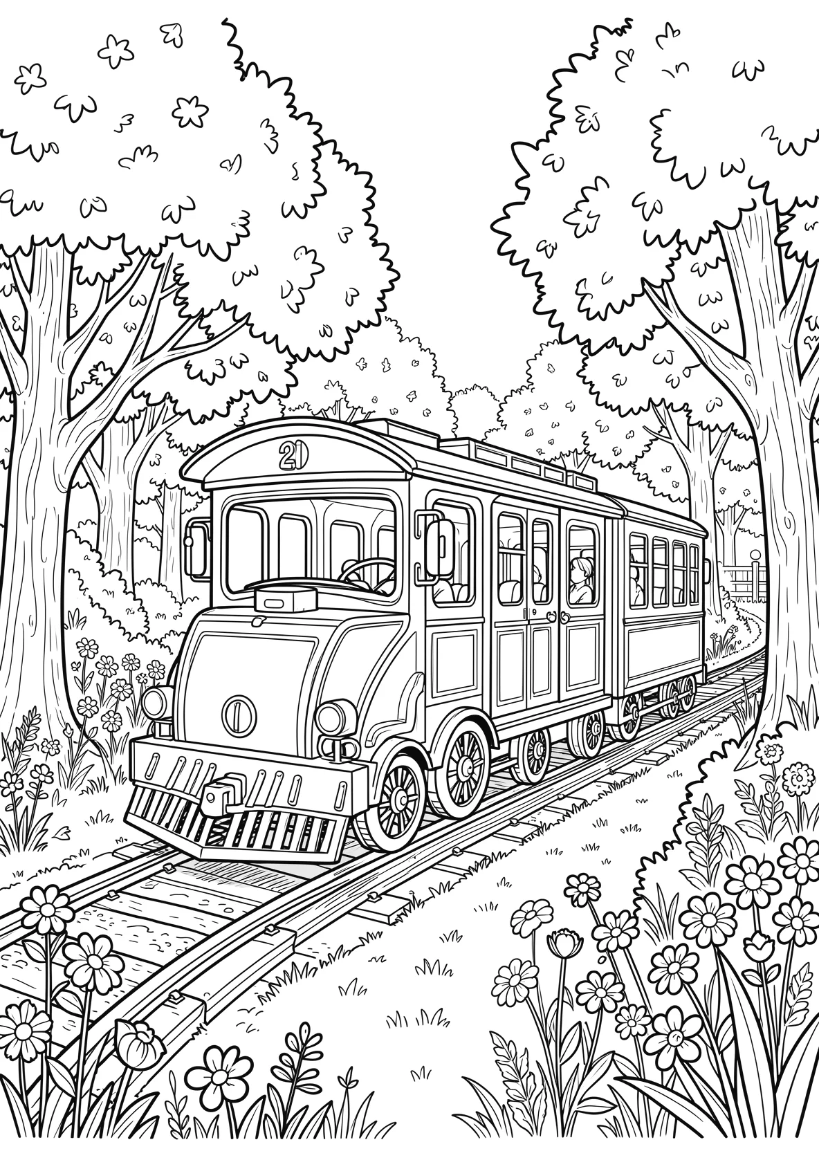 Ausmalbild Kleiner Kinderzug fährt durch einen Park mit - Ausmalbild aus der Kategorie Fahrzeuge - kostenlos ausdrucken