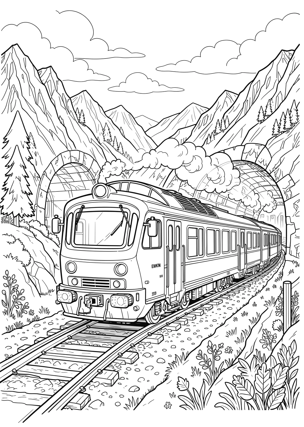 Ausmalbild Zug fährt durch einen Tunnel in den Bergen mit - Ausmalbild aus der Kategorie Natur - kostenlos ausdrucken