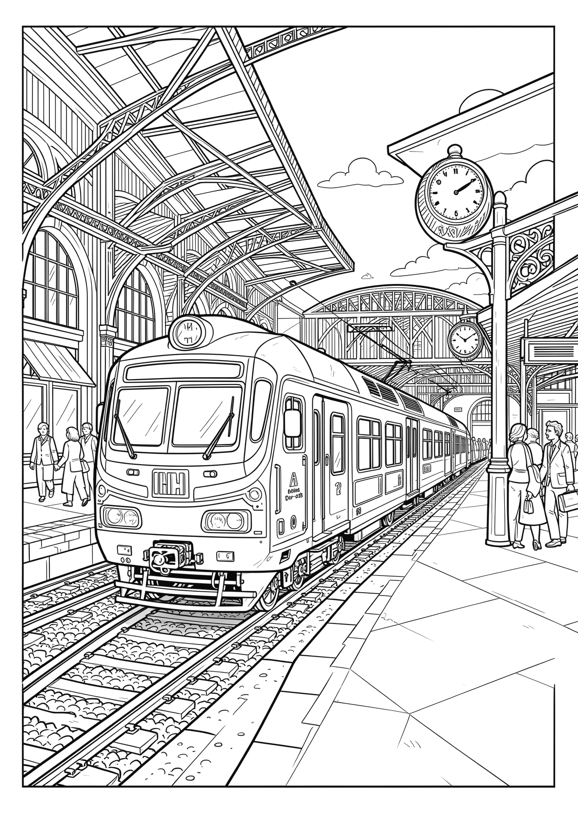 Ausmalbild Bahnhof mit Zug, Bahnsteig, Uhr und Reisenden - Ausmalbild aus der Kategorie Fahrzeuge - kostenlos ausdrucken