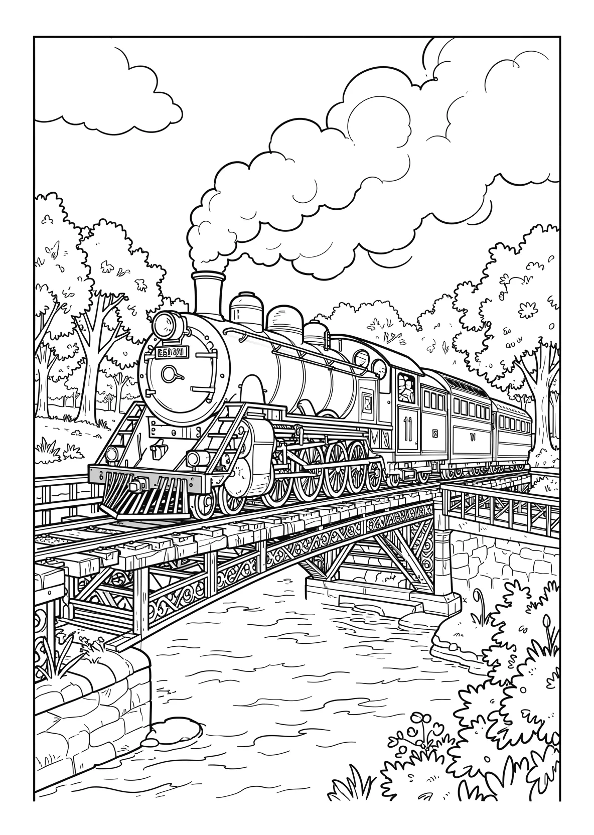 Ausmalbild Dampflokzug fährt über eine Brücke mit Fluss - Ausmalbild aus der Kategorie Fahrzeuge - kostenlos ausdrucken