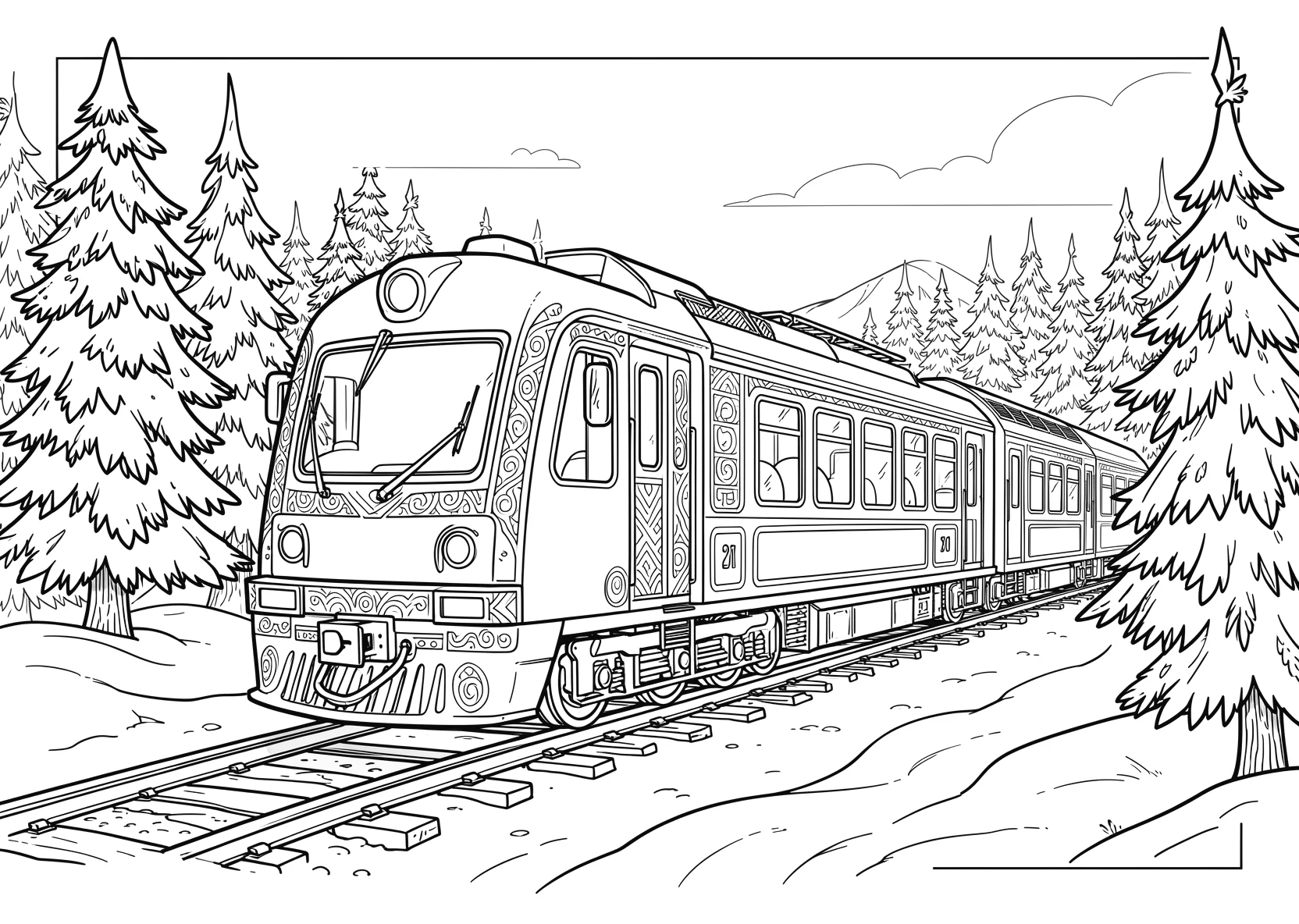 Ausmalbild Zug fährt durch eine verschneite Winterlandschaft - Ausmalbild aus der Kategorie Natur - kostenlos ausdrucken