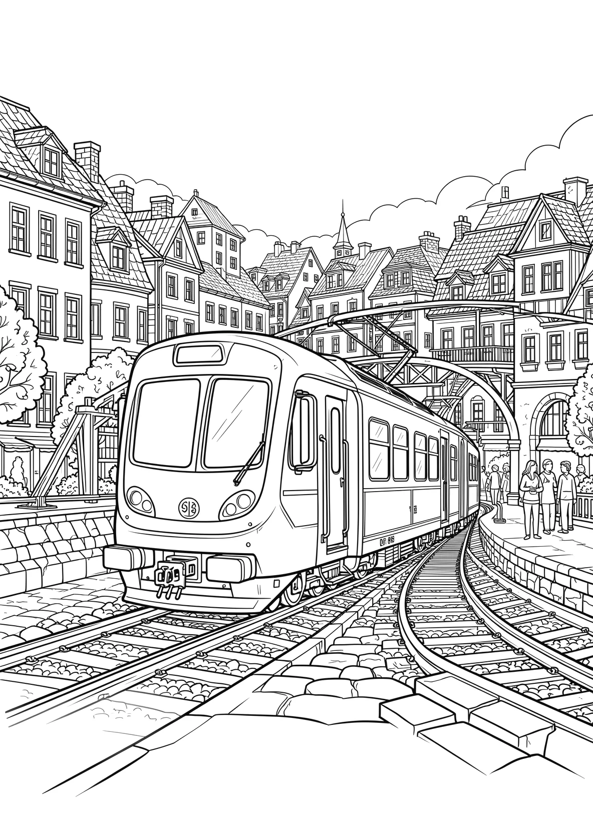 Ausmalbild Zug fährt durch eine Stadt mit Häusern - Ausmalbild aus der Kategorie Fahrzeuge - kostenlos ausdrucken