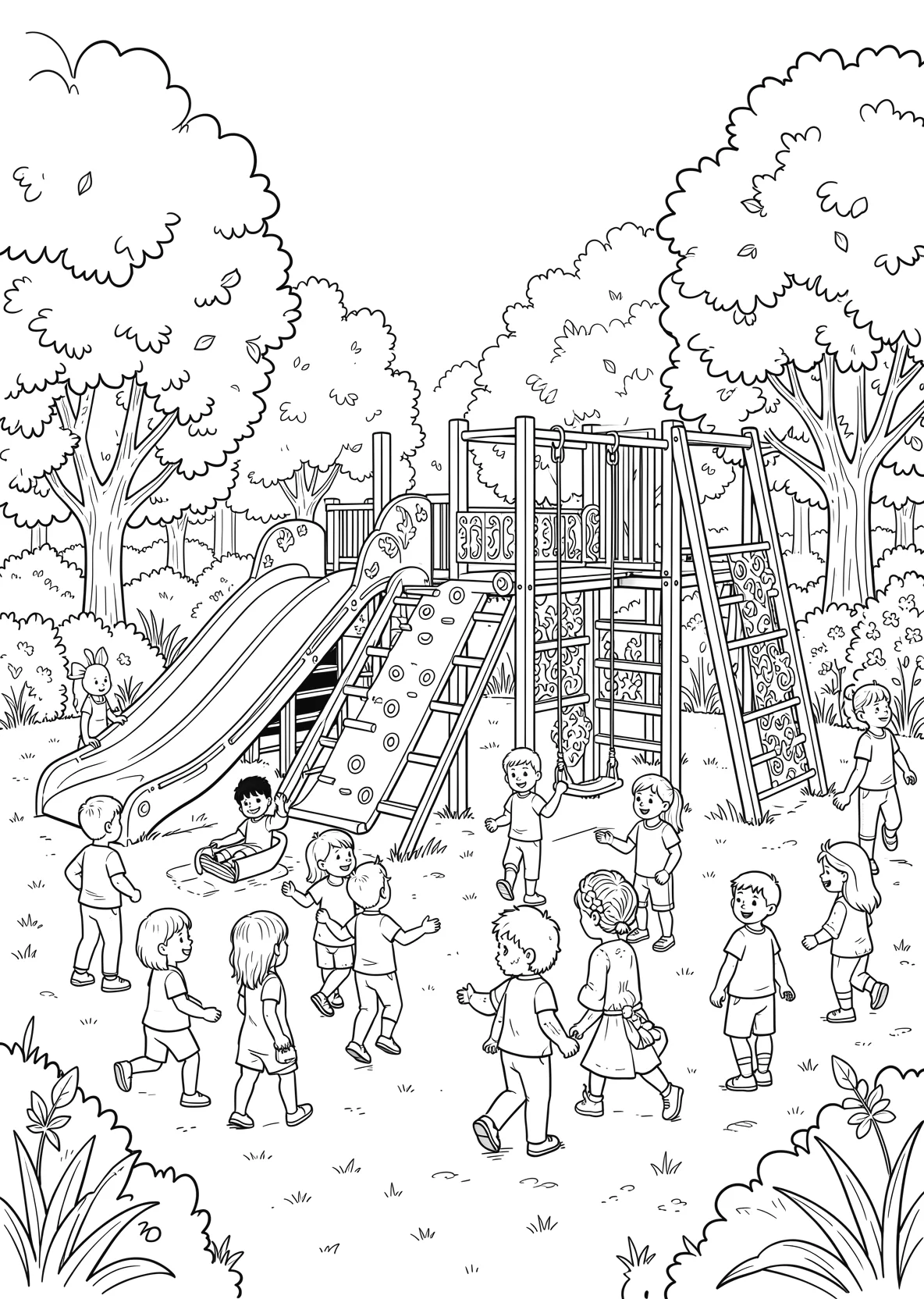 Ausmalbild Spielplatz mit Rutsche - Ausmalbild aus der Kategorie Berufe - kostenlos ausdrucken