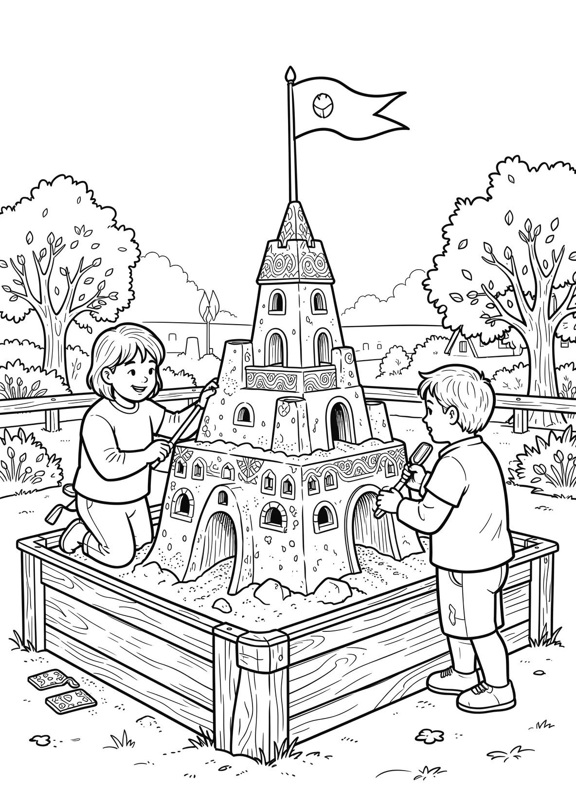 Ausmalbild Kinder bauen eine große Sandburg im Sandkasten - Ausmalbild aus der Kategorie Sport - kostenlos ausdrucken