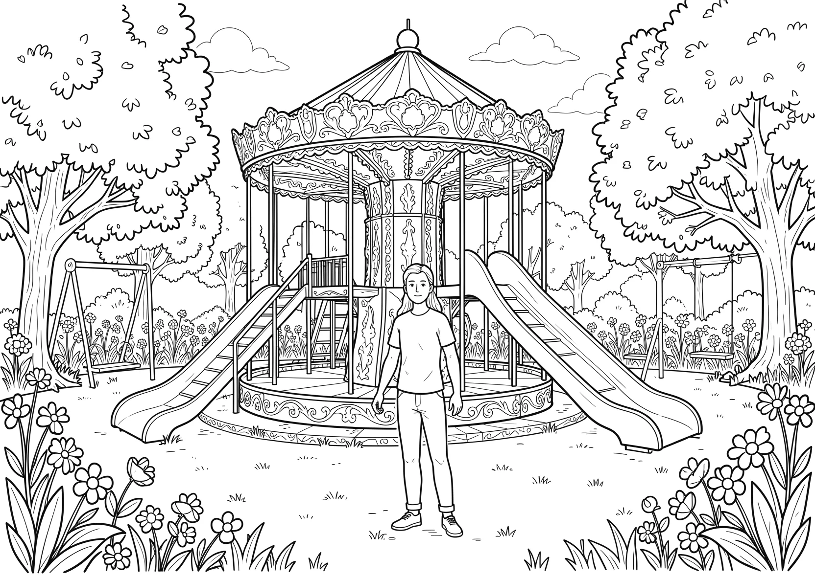 Ausmalbild Spielplatz mit Karussell - Ausmalbild aus der Kategorie Berufe - kostenlos ausdrucken