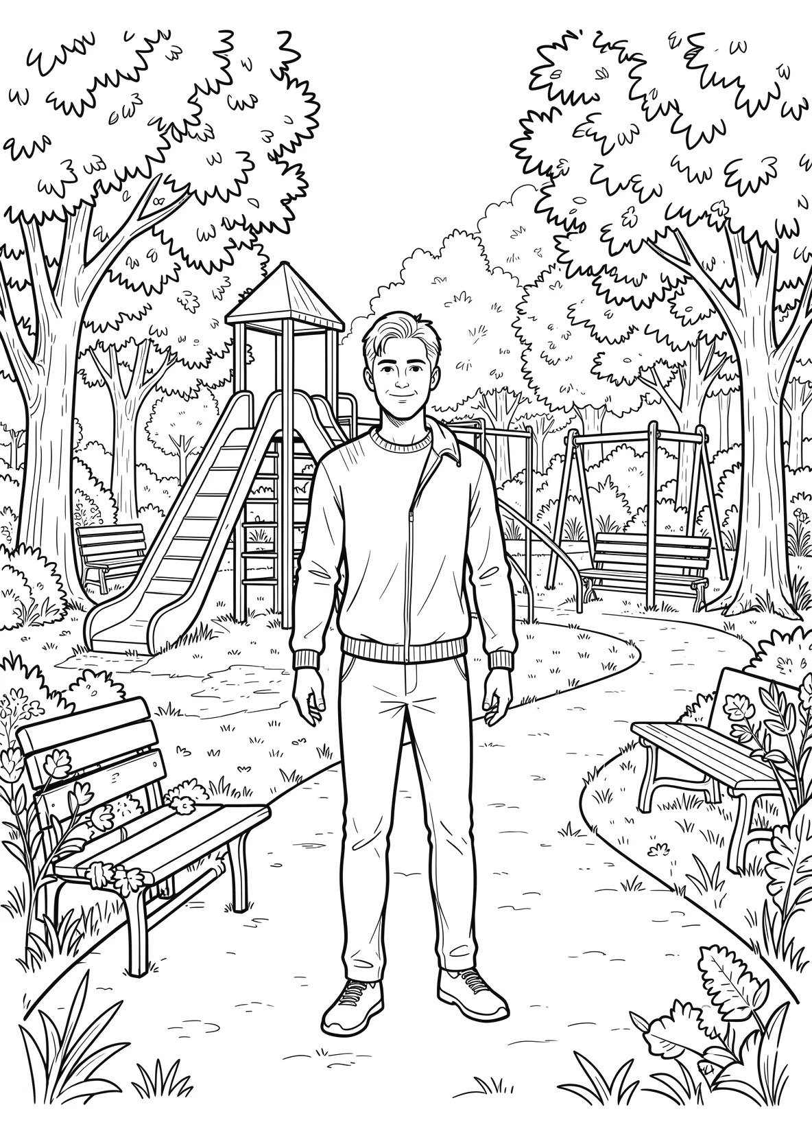 Ausmalbild Spielplatz im Park mit Rutsche - Ausmalbild aus der Kategorie Berufe - kostenlos ausdrucken