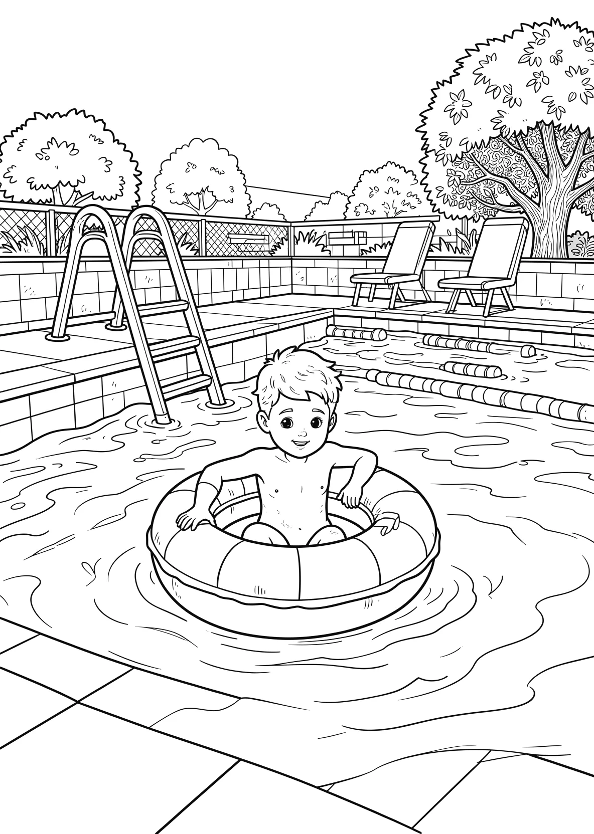Ausmalbild Kinder schwimmen in einem Schwimmbad mit - Ausmalbild aus der Kategorie Sport - kostenlos ausdrucken