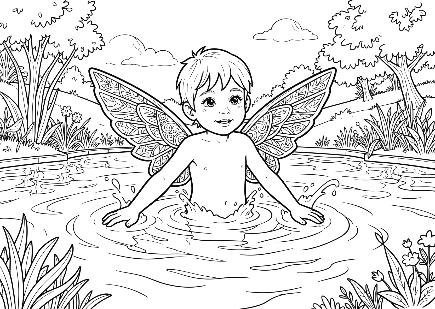 Ausmalbild Kind mit Schwimmflügeln planscht im Wasser - Ausmalbild aus der Kategorie Sport - kostenlos ausdrucken