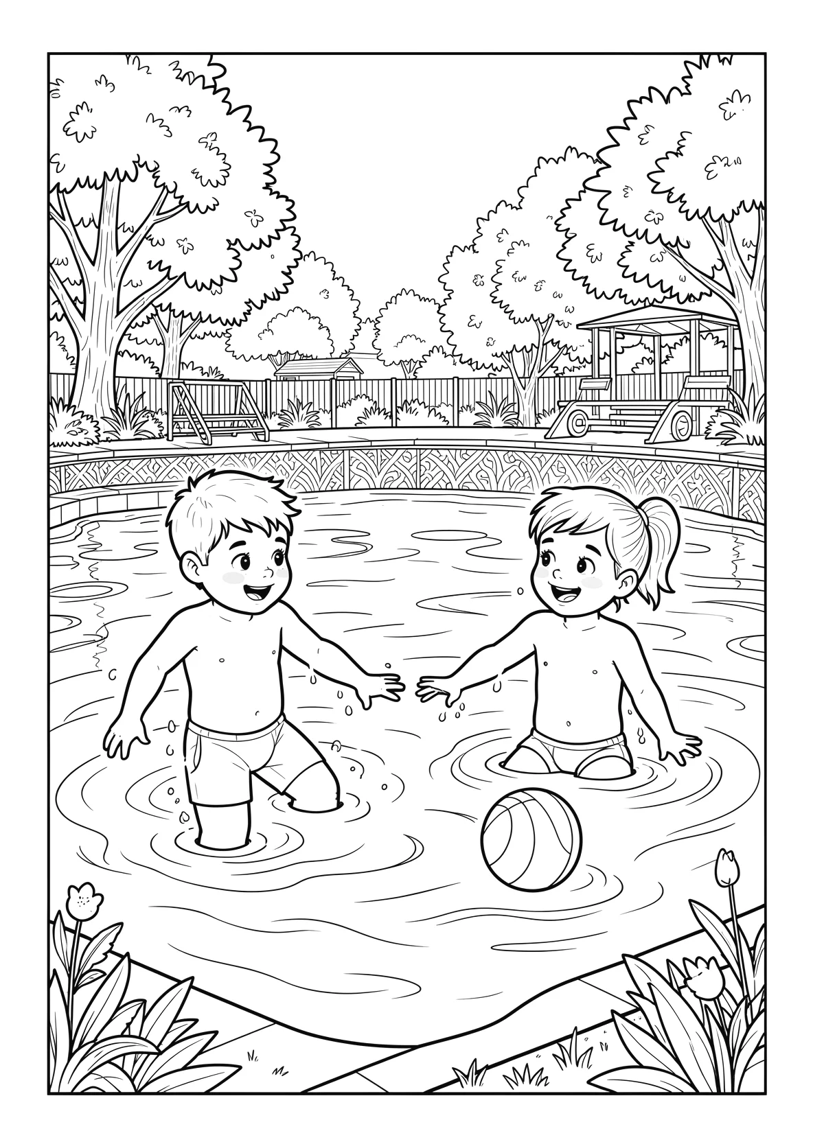 Ausmalbild Kinder spielen im Wasser mit einem Ball im Freibad - Ausmalbild aus der Kategorie Sport - kostenlos ausdrucken