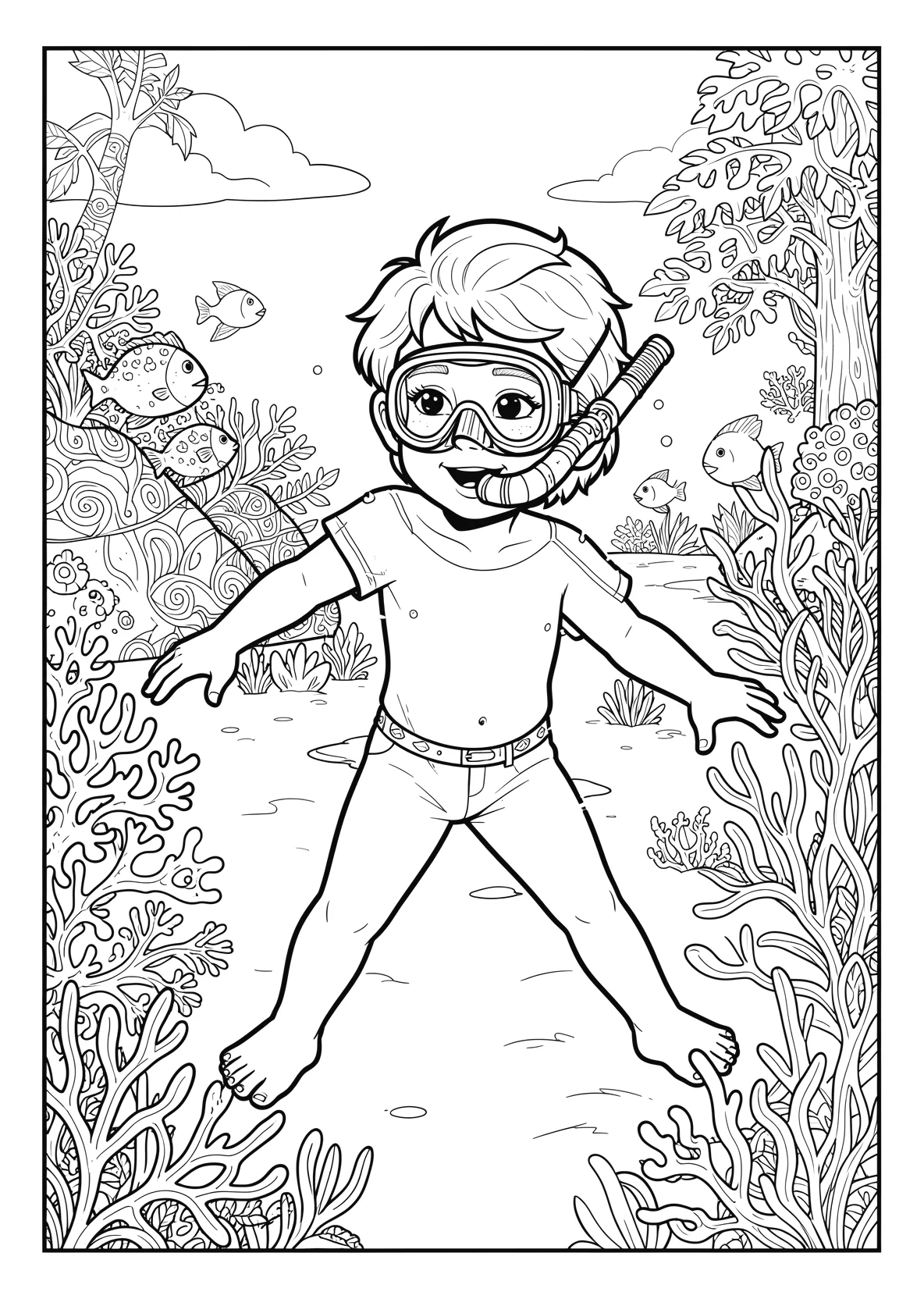 Ausmalbild Kind schwimmt mit Taucherbrille - Ausmalbild aus der Kategorie Sport - kostenlos ausdrucken