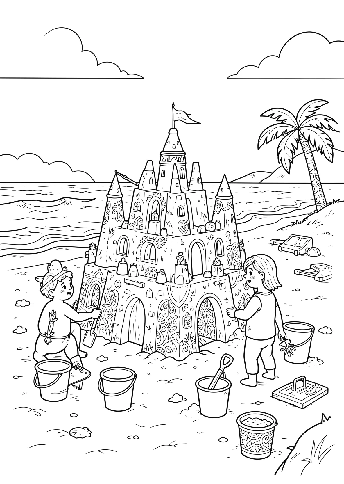 Ausmalbild Kinder bauen eine große Sandburg am Strand mit - Ausmalbild aus der Kategorie Natur - kostenlos ausdrucken