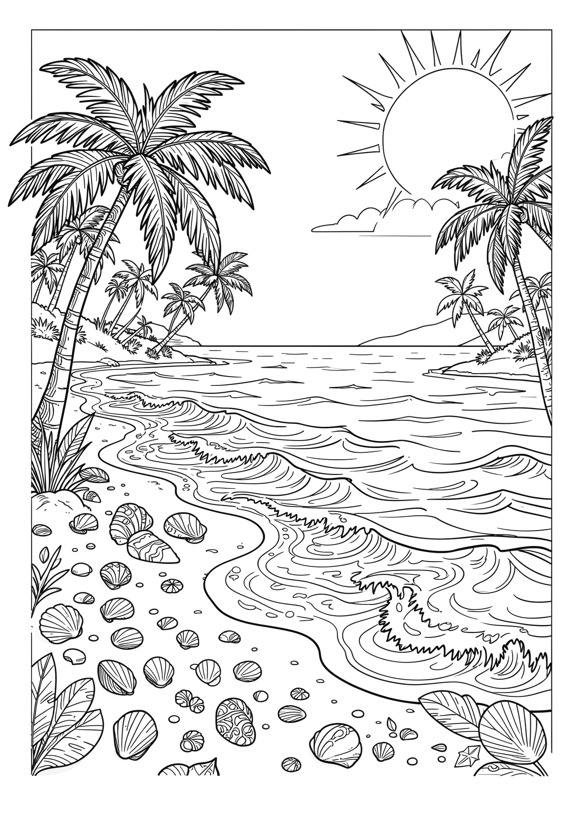 Ausmalbild Strand mit Palmen, Muscheln, Wellen und Sonne - Ausmalbild aus der Kategorie Natur - kostenlos ausdrucken