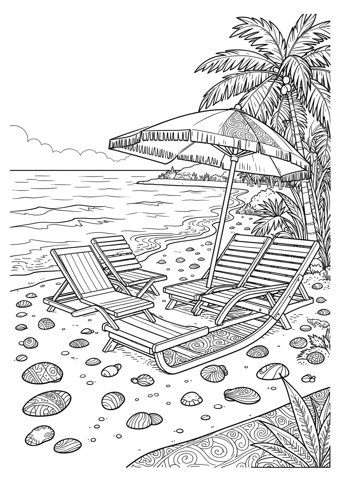 Ausmalbild Strand mit Liegestühlen - Ausmalbild aus der Kategorie Natur - kostenlos ausdrucken