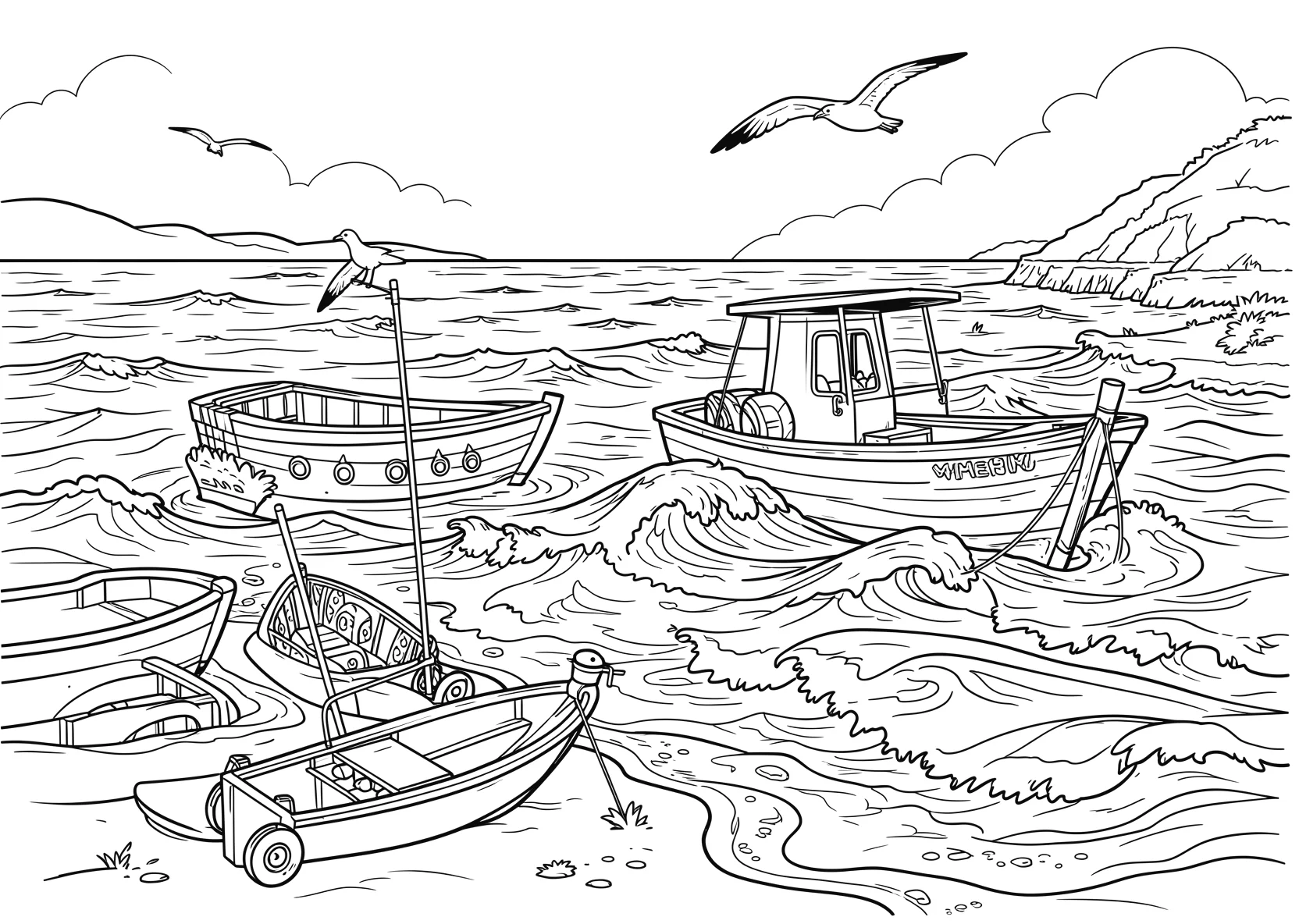 Ausmalbild Strand mit Booten, Möwen und Wellen - Ausmalbild aus der Kategorie Natur - kostenlos ausdrucken