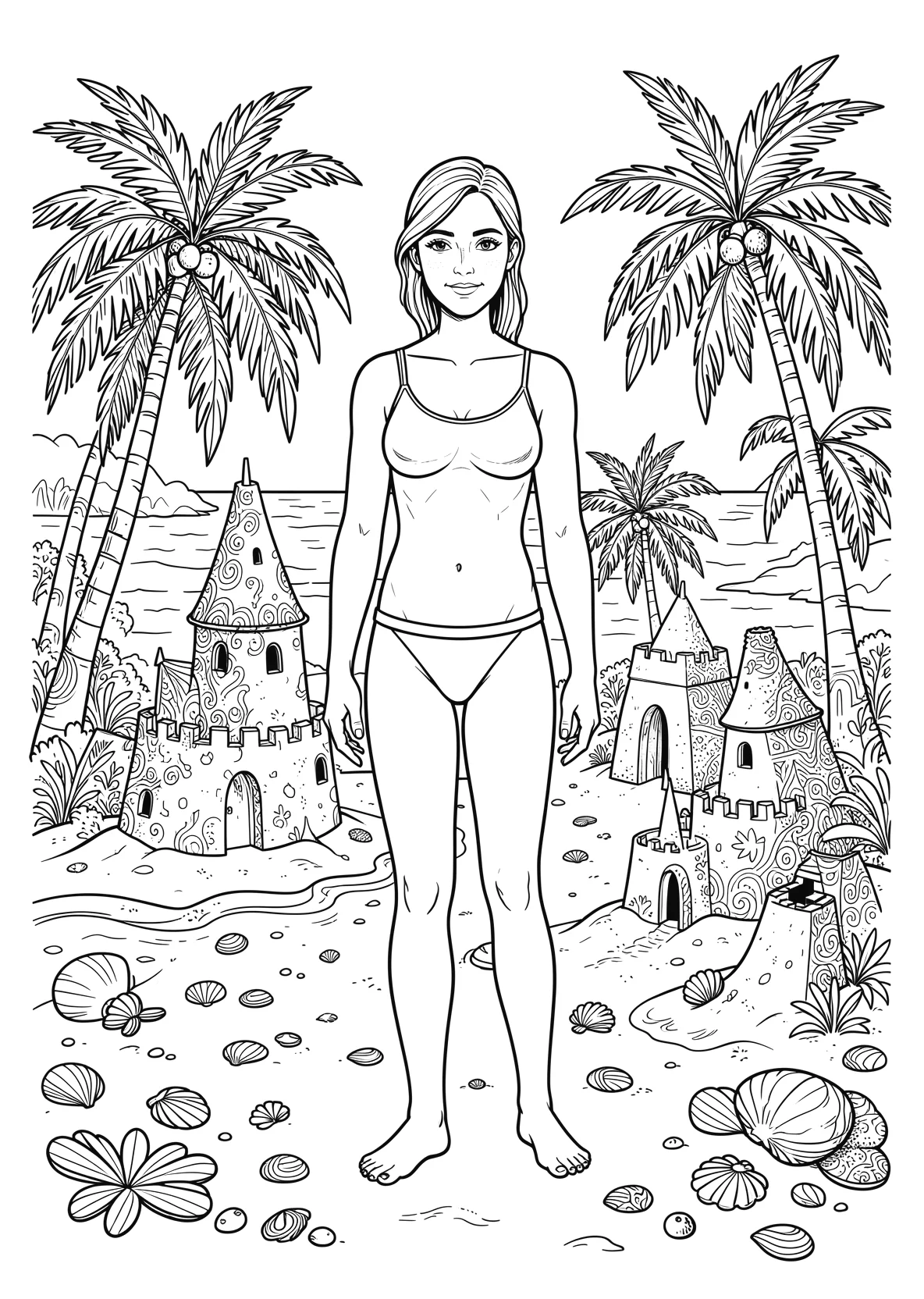 Ausmalbild Strand mit Sandburgen, Muscheln und Palmen - Ausmalbild aus der Kategorie Natur - kostenlos ausdrucken