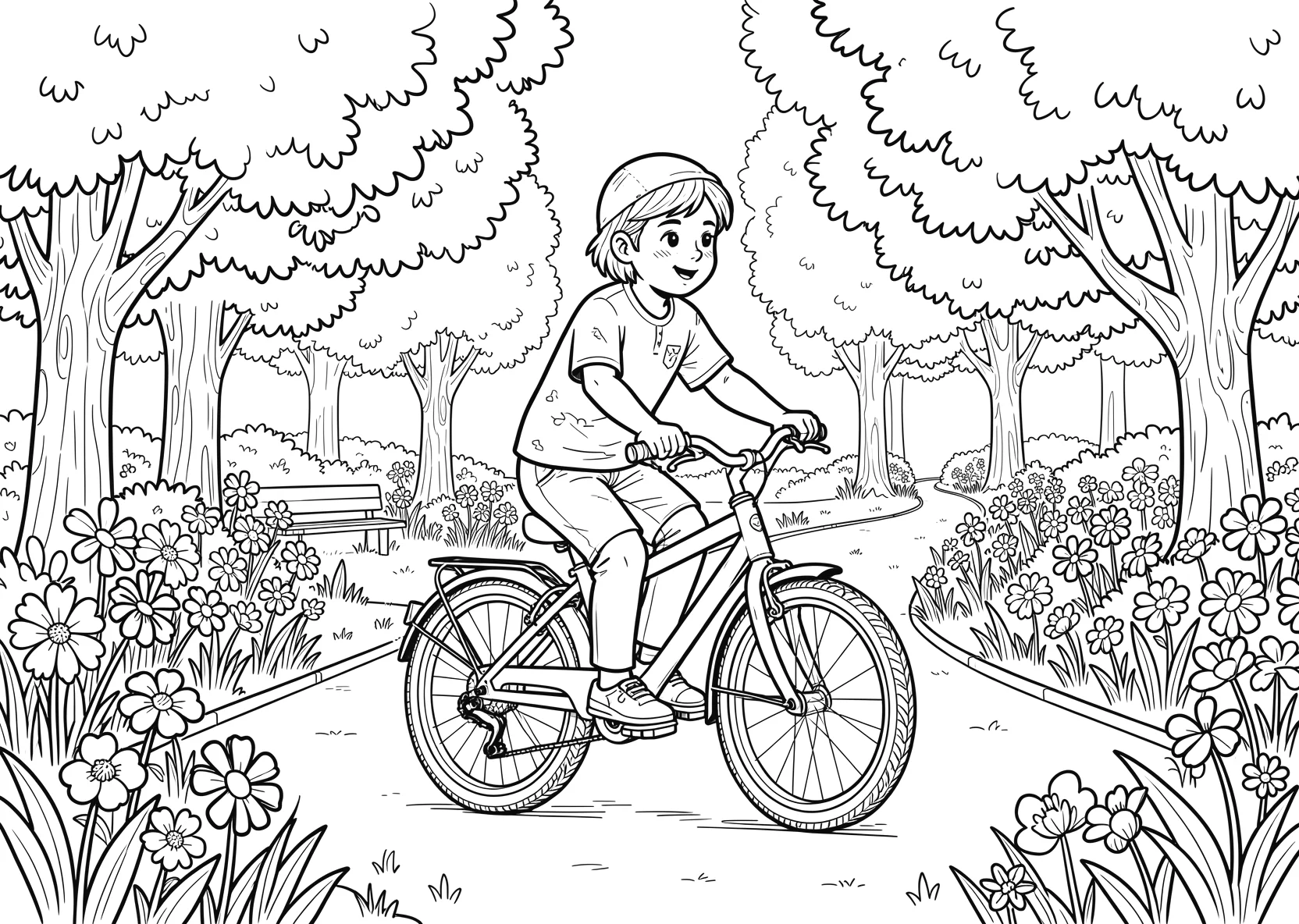 Ausmalbild Kinder fahren Fahrrad in einem Park mit Bäumen - Ausmalbild aus der Kategorie Fahrzeuge - kostenlos ausdrucken