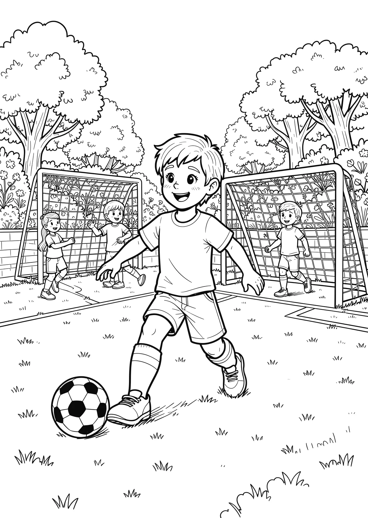 Ausmalbild Kinder spielen Fußball auf einem Fußballfeld mit - Ausmalbild aus der Kategorie Sport - kostenlos ausdrucken