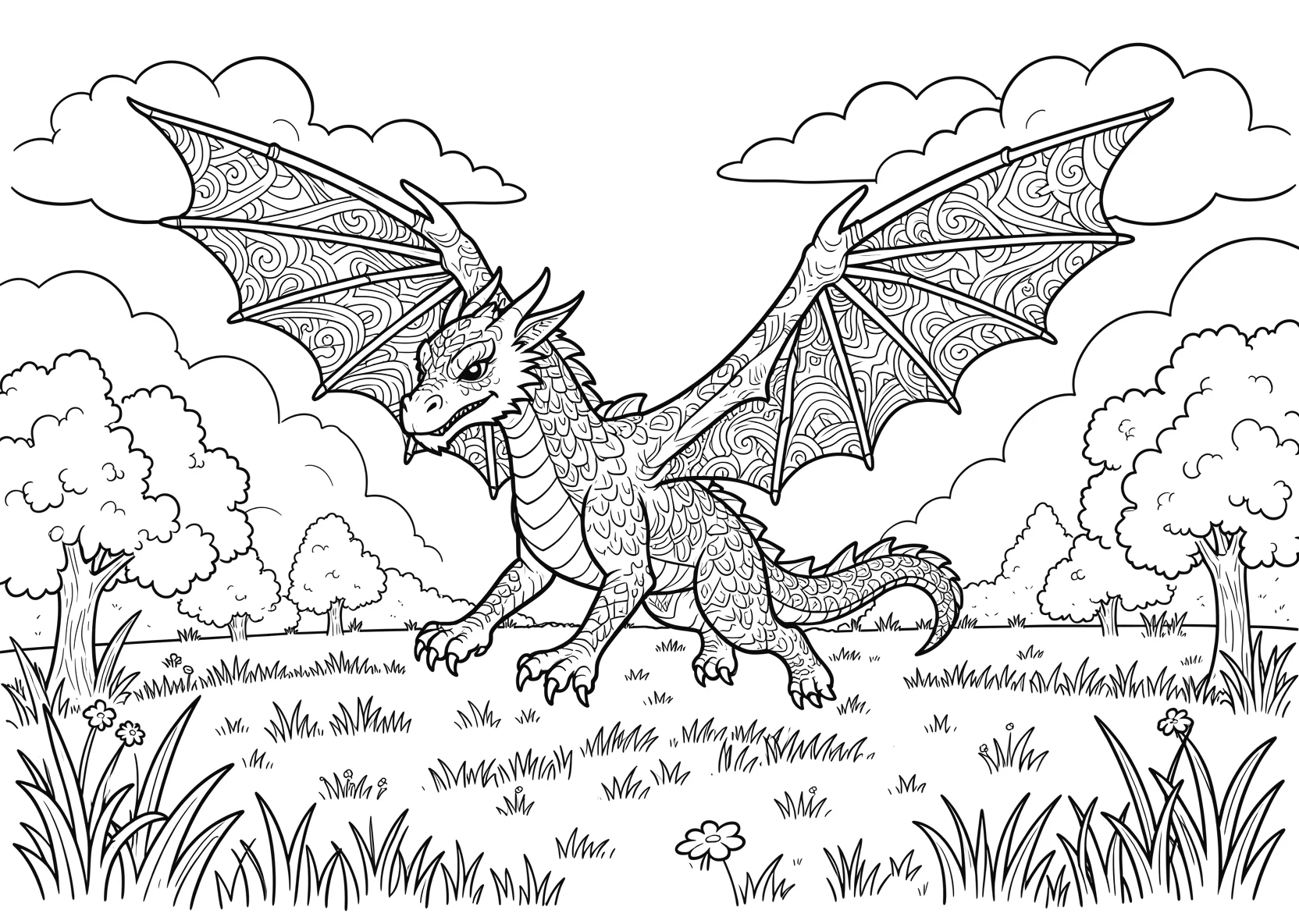 Ausmalbild Kinder fliegen einen Drachen auf einer Wiese mit - Ausmalbild aus der Kategorie Maerchen - kostenlos ausdrucken