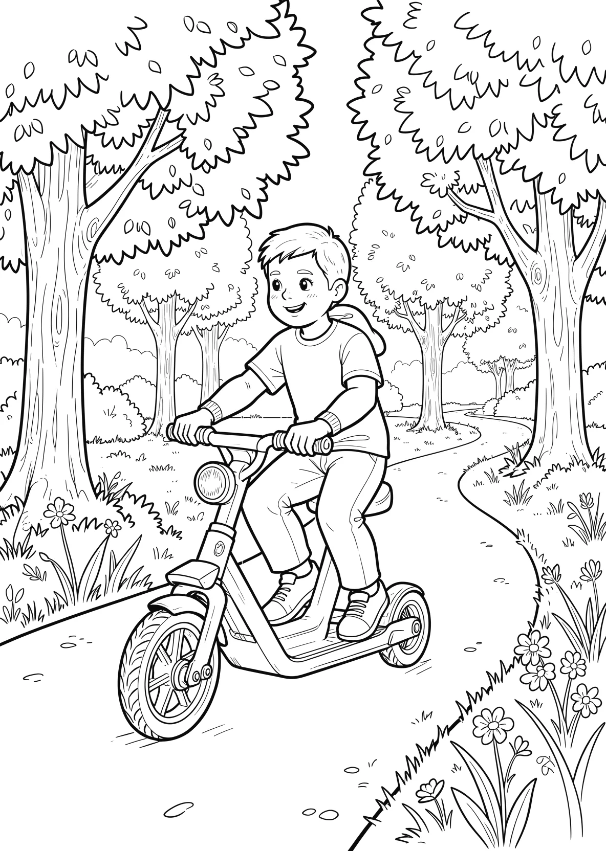 Ausmalbild Kinder fahren Roller auf einem Weg im Park mit - Ausmalbild aus der Kategorie Fahrzeuge - kostenlos ausdrucken