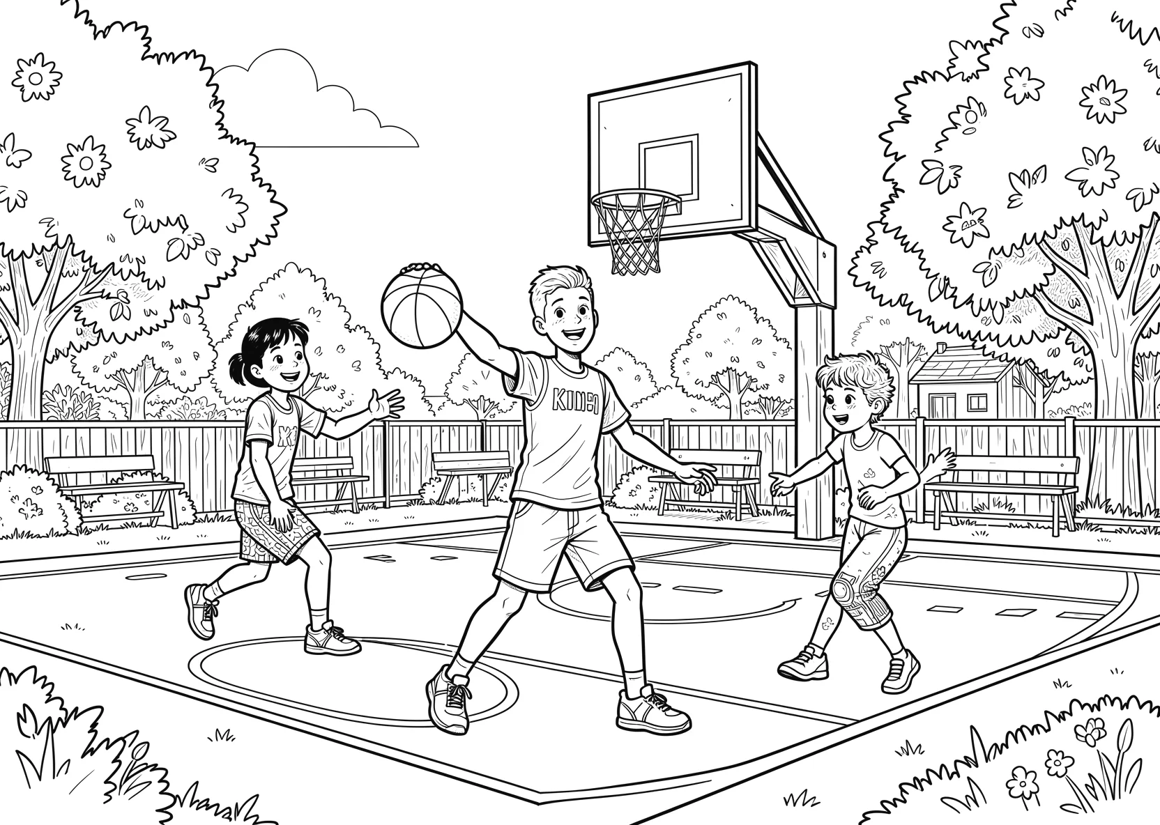 Ausmalbild Kinder spielen Basketball auf einem - Ausmalbild aus der Kategorie Sport - kostenlos ausdrucken