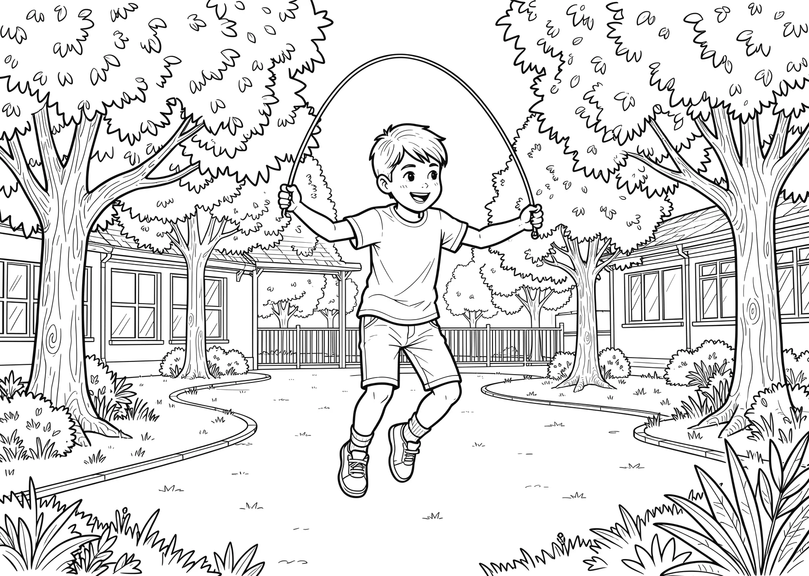 Ausmalbild Kinder springen Seil auf einem Schulhof mit Bäumen - Ausmalbild aus der Kategorie Sport - kostenlos ausdrucken