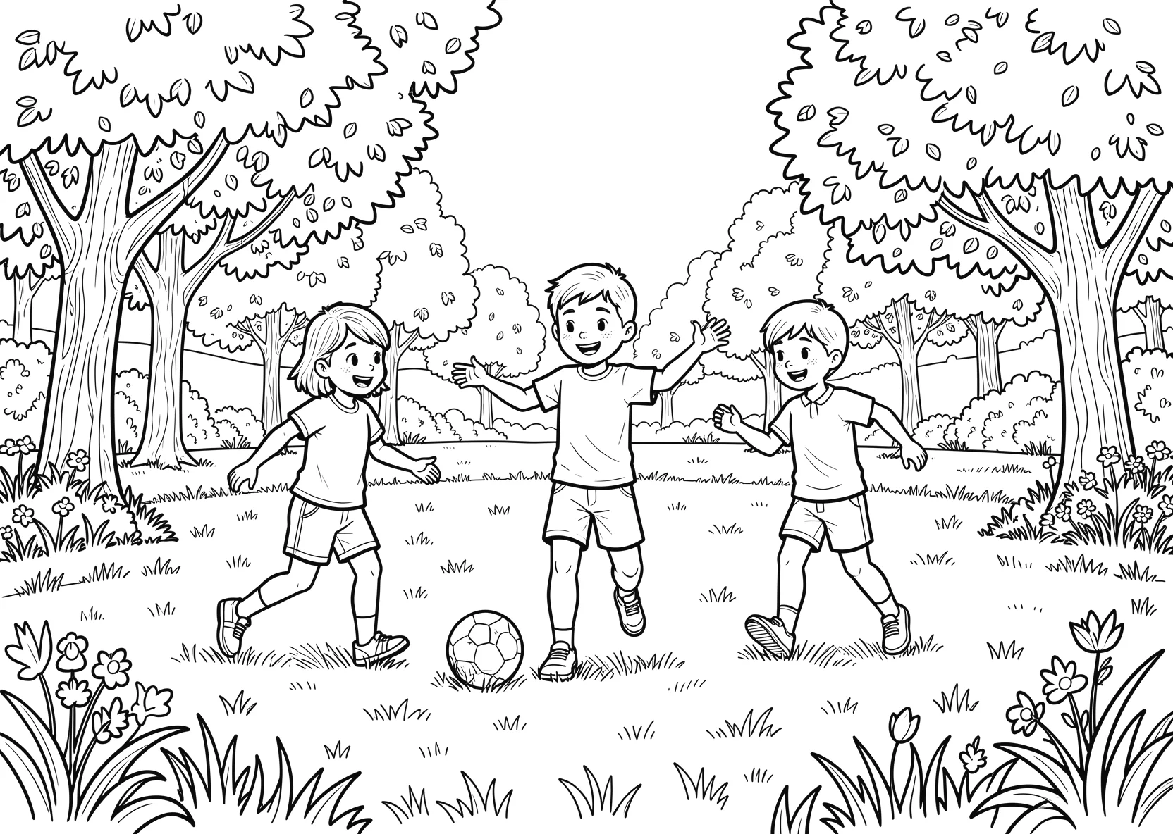 Ausmalbild Kinder spielen Ball auf einer großen Wiese mit - Ausmalbild aus der Kategorie Natur - kostenlos ausdrucken